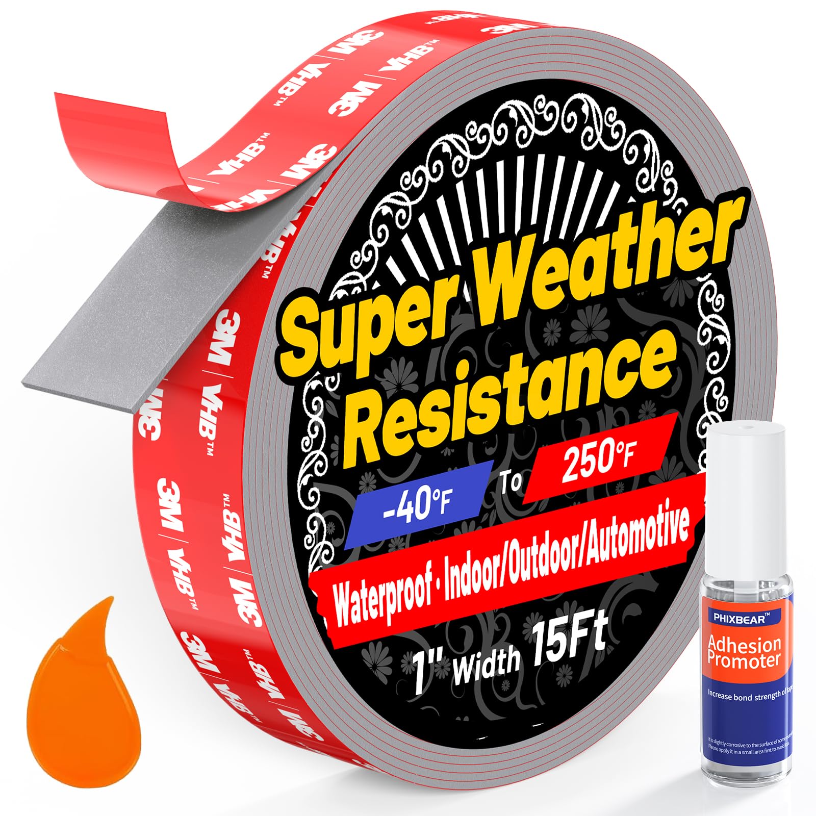 PHIXBEAR 1" Width Double Sided Foam Tape, Made of 3M VHB, Waterproof Outdoor Automotive Decor Wall Tape, Heavy Duty Mounting Tape, Super Strong Adhesive Tape, 15Ft Length