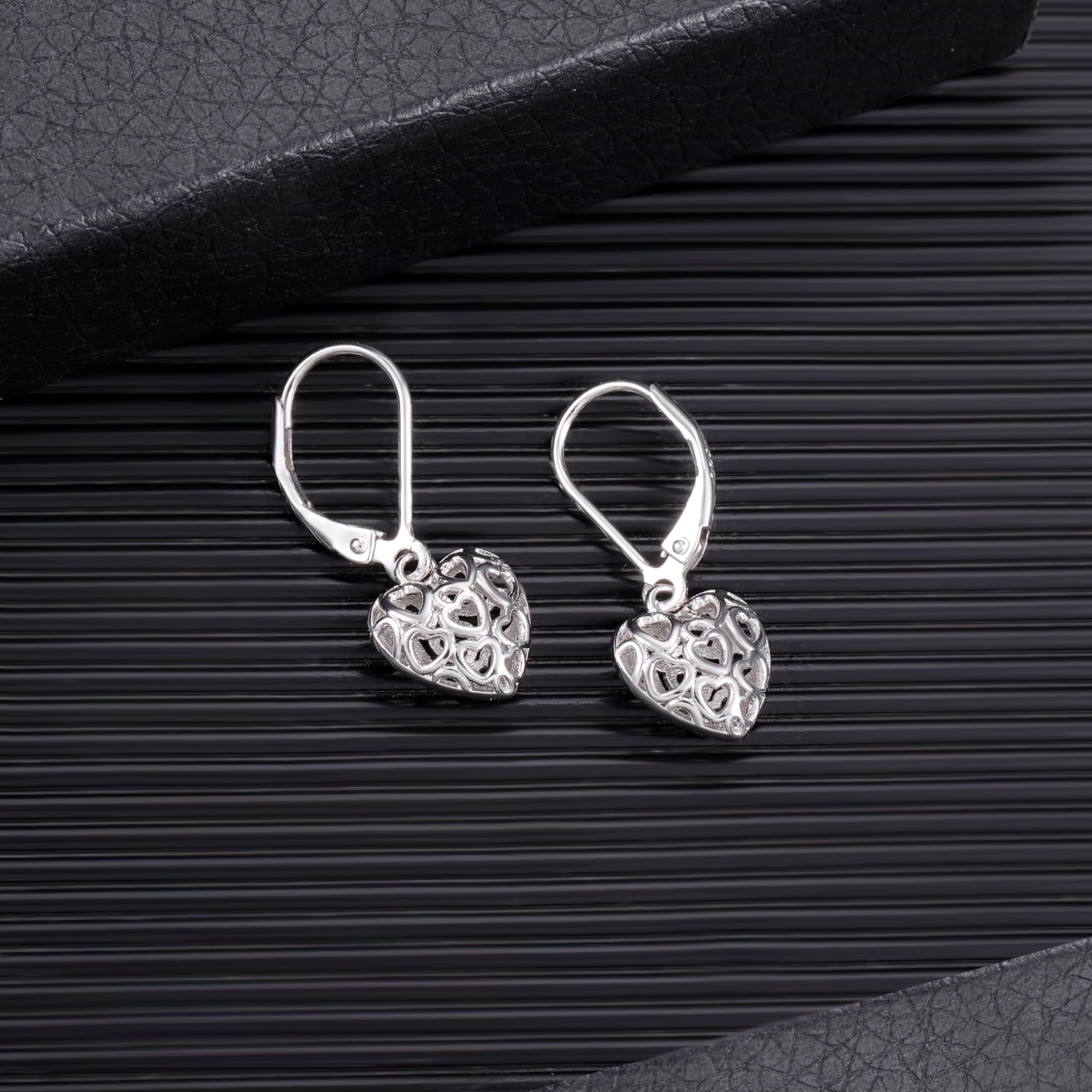 LANCHARMED 925 Sterling Silver Heart Dangle Drop Earrings for Women Girls, Trendy French Style Silver Leverback Earrings, Hypoallergenic Jewelry Gift