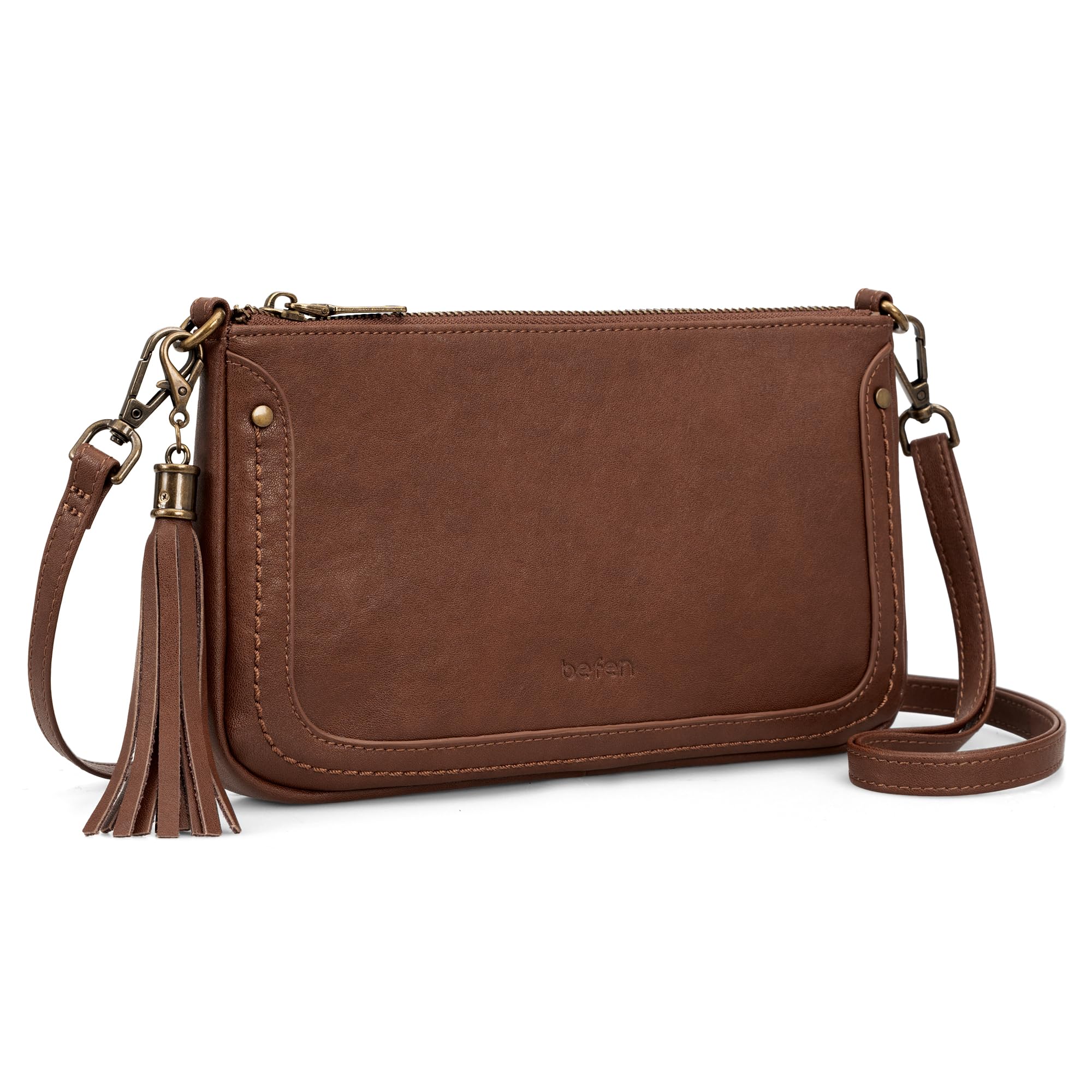 befen Genuine Leather Crossbody Bags for Women Designer Cell Phone Purse Brown Leather Purse Soft Wristlet Wallet Small Clutch Shoulder Handbag with Wrist and Crossbody Strap
