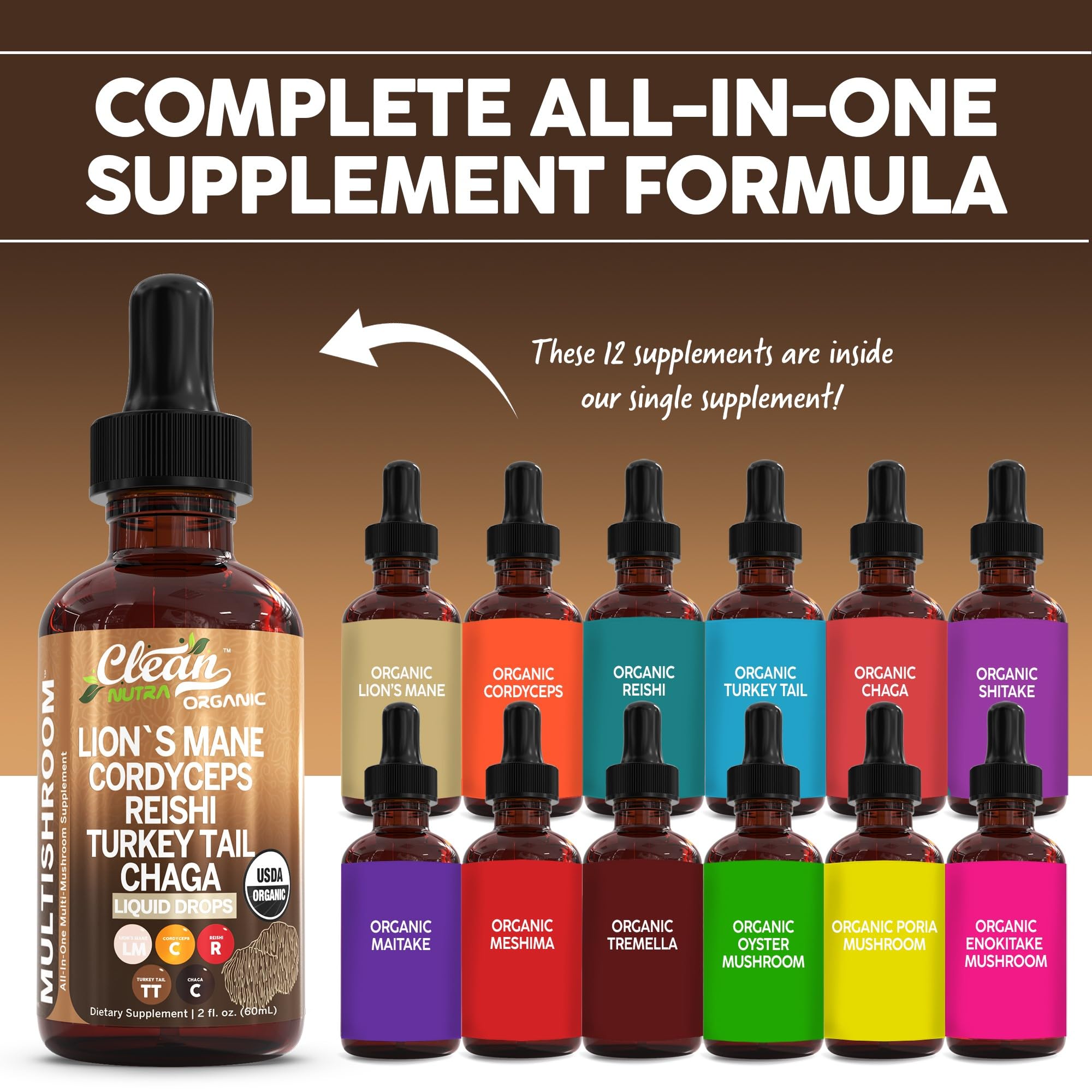 Organic Lions Mane Mushroom Supplement Liquid Drops + Turkey Tail Cordyceps Reishi Chaga Shitake Maitake Tremella Oyster Mushrooms Poria and Enokitake Complex Blend by Clean Nutra
