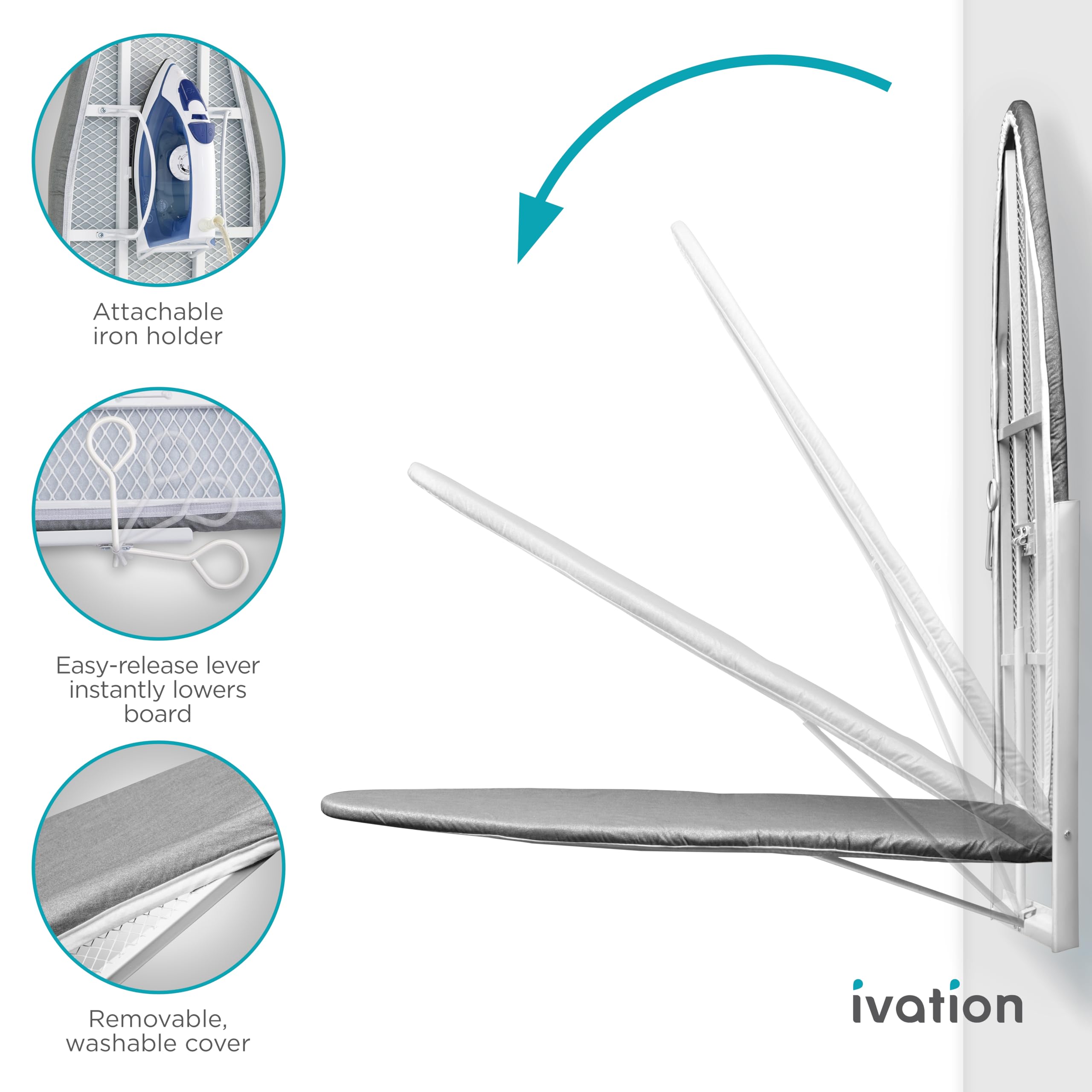 Ivation Wall-Mounted Ironing Board | Foldable 36.2” x 12.2” Sturdy Ironing Station for Home & Apartments, Easy-Release Lever, Removable Cotton Cover, Includes Mounting Hardware with Iron Holder