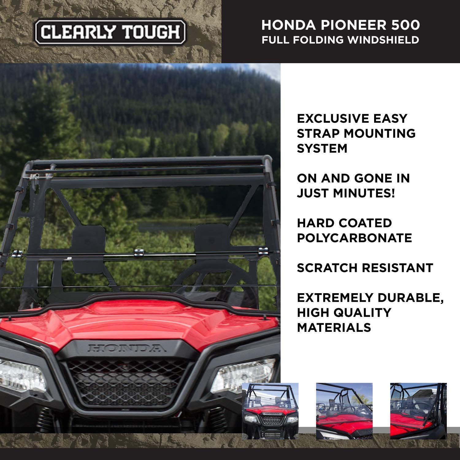 Clearly Tough Honda Pioneer 500 / 520 Windshield - Full Folding - Lexan MR10 | SCRATCH RESISTANT | Ultimate in SXS versatility! | Easy on and off w/ Scratch Resistant Hard Coat