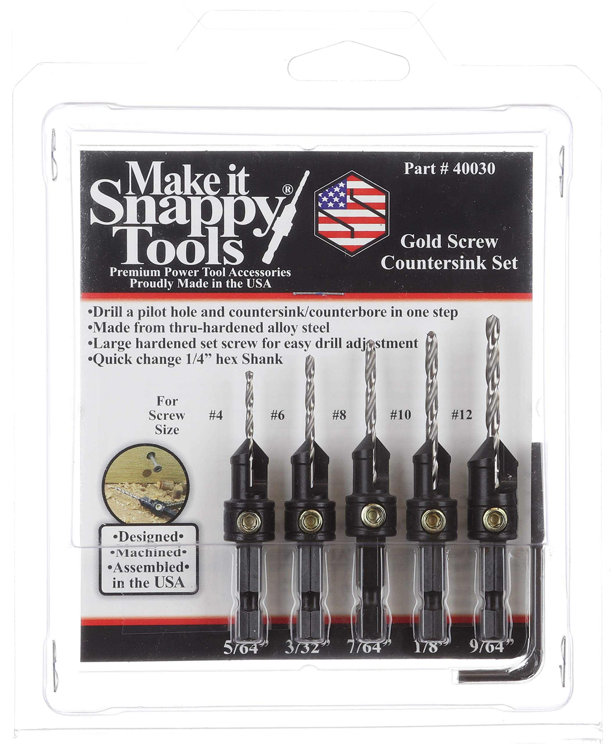 Make it Snappy Tools Quick-Change 5-Pc. Countersink Drill Bit Set. Proudly Made in The USA.