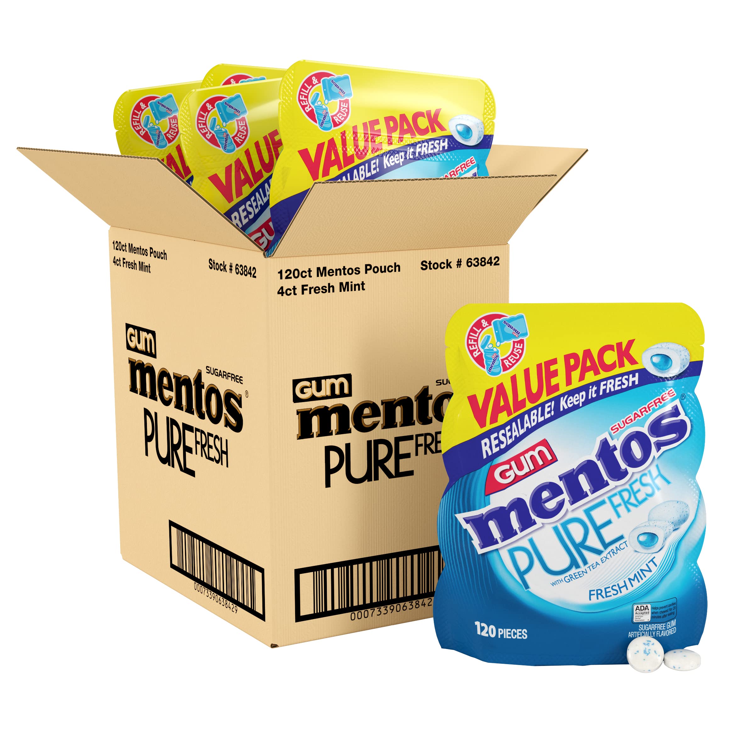 Mentos Pure Fresh Sugar-Free Chewing Gum with Xylitol, Fresh Mint, 120 Piece Resealable Bag ( Pack of 4)