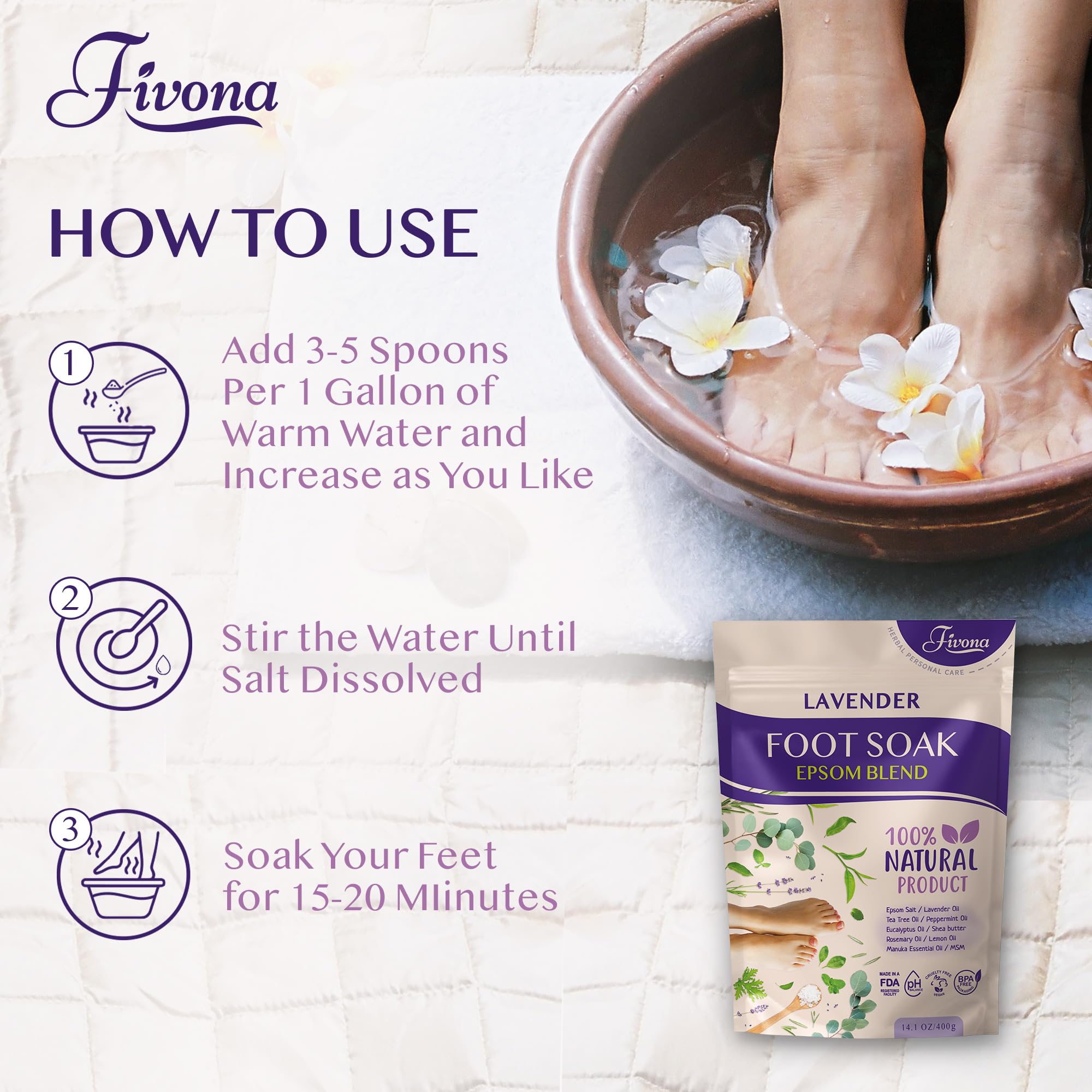 Fivona Foot Soak Blend Epsom Salt with Lavender 14.1 oz - Calming Foot Bath Salt, Relax & Renew Tired Feet, Soothe Soreness, Soften Calluses - Rejuvenating Pedicure Spa at Home