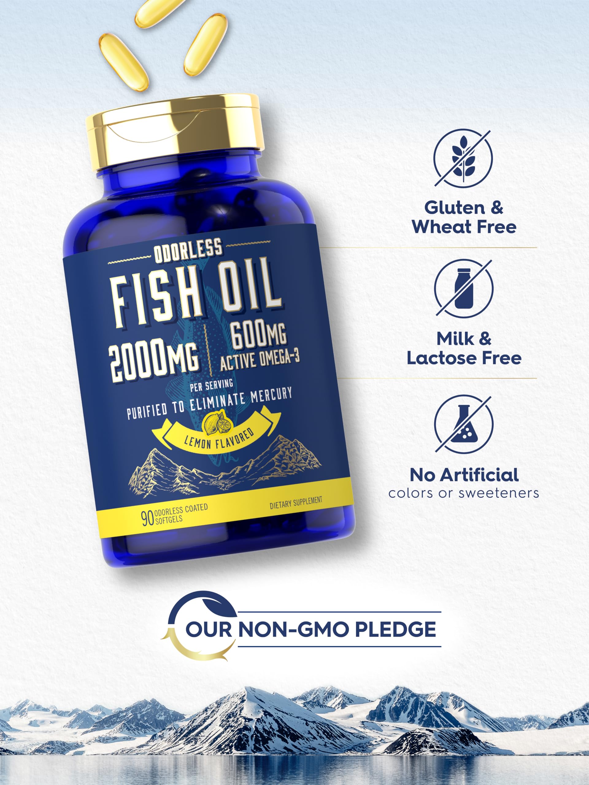 Carlyle Fish Oil 2000mg | 600mg Omega 3 Supplement for Men & Women | 90 Odorless Softgels | Lemon Flavored | Non-GMO and Gluten Free