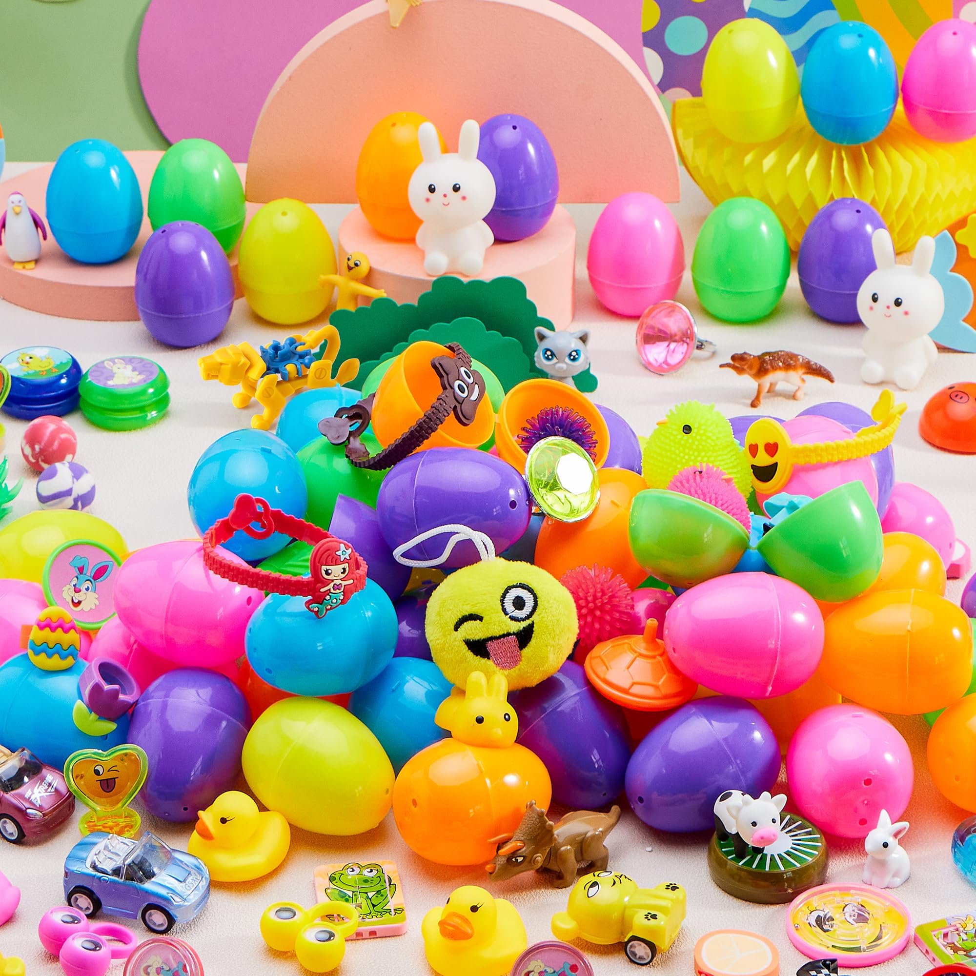 JOYIN 80 Packs Prefilled Easter Eggs with Toys and Stickers, Toys Fillers for Easter Egg Hunt, Basket Stuffers, Party Favors, Classroom Events