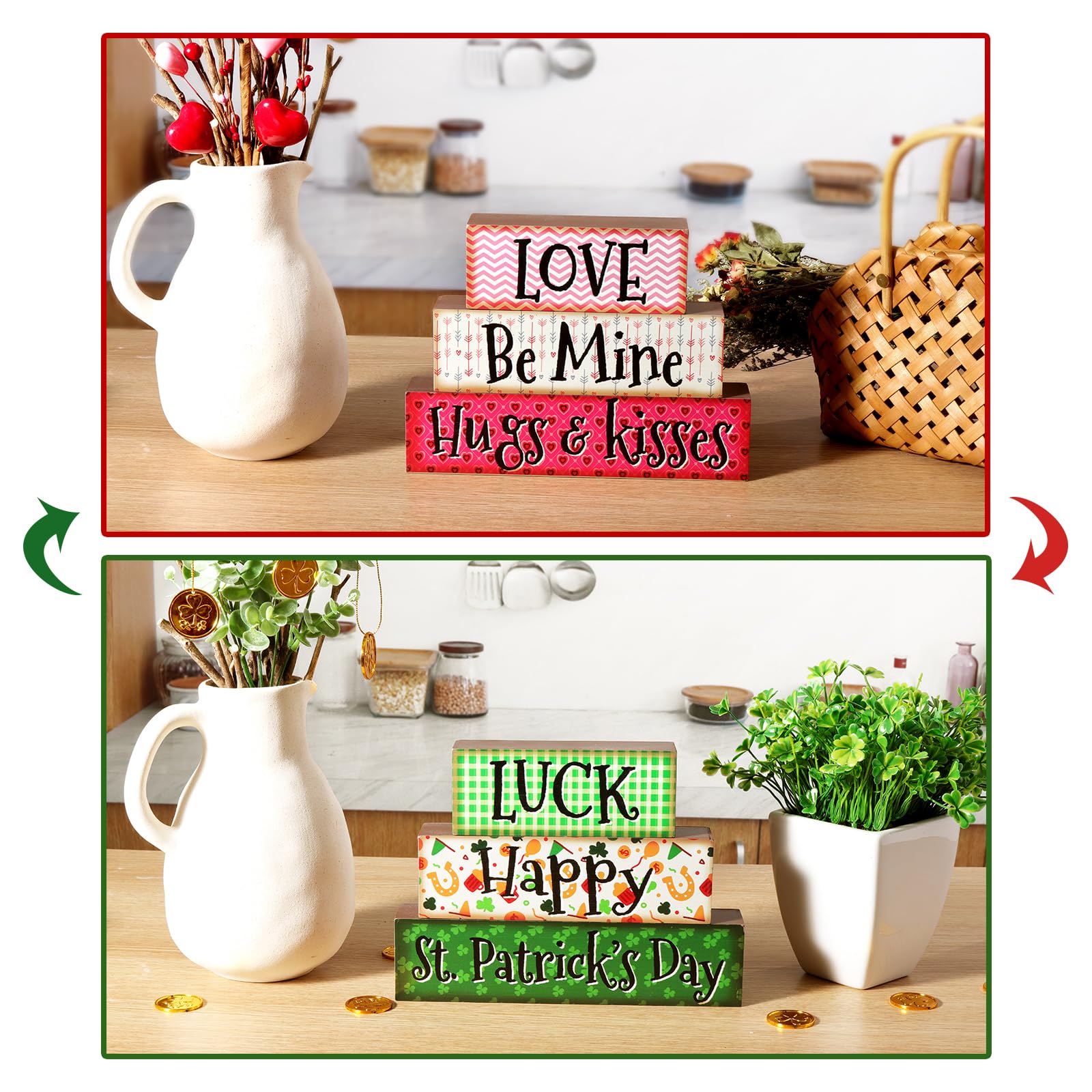 Pawliss Valentines Day Decor, Valentines Tiered Tray Decor Reversible St. Patrick's Day Stack Blocks, Rustic Valentines decorations for Table Kitchen Farmhouse Valentine Shamrock Faux Bundle Decor