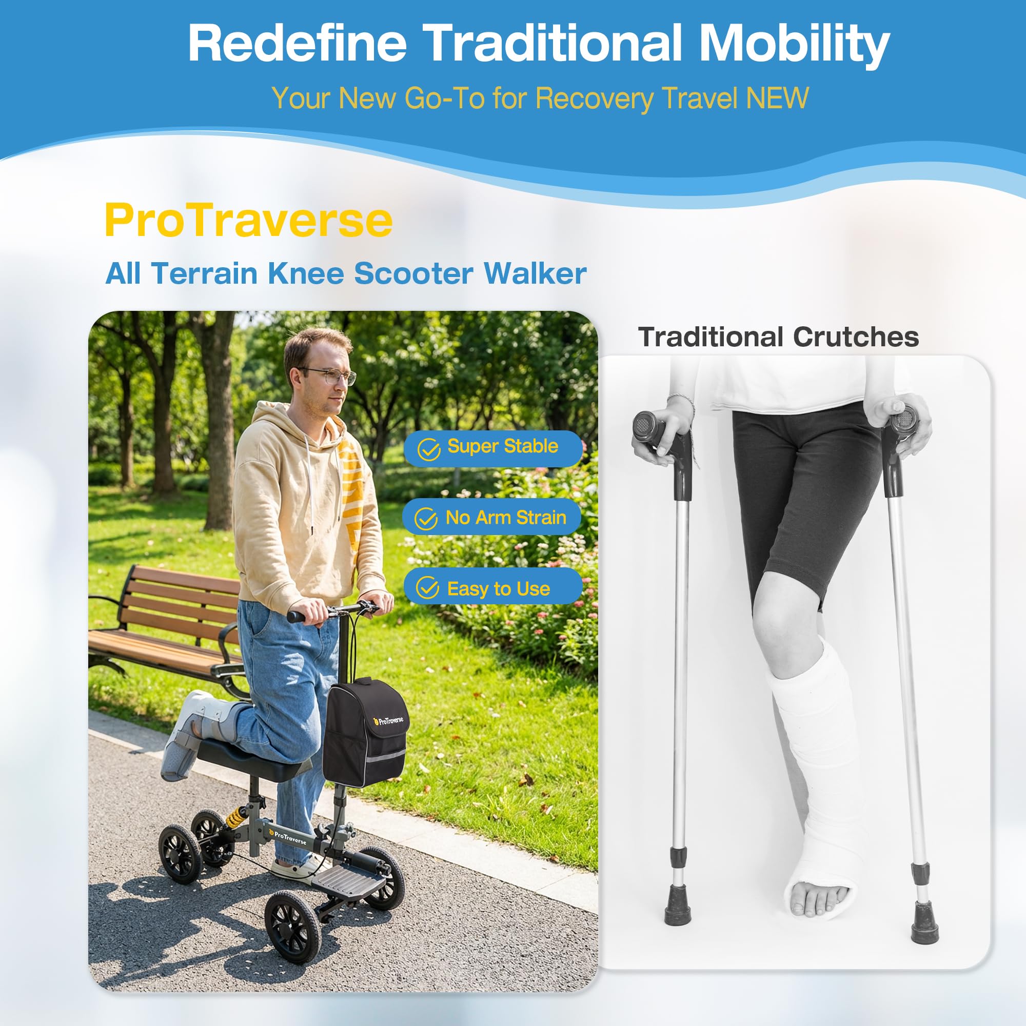 ProTraverse All Terrain Knee Scooter,Foldable & Steerable Knee Walker with Comfort Knee Pad, Dual Brakes,Crutch Alternative for Broken Foot & Ankle Recovery,Grey