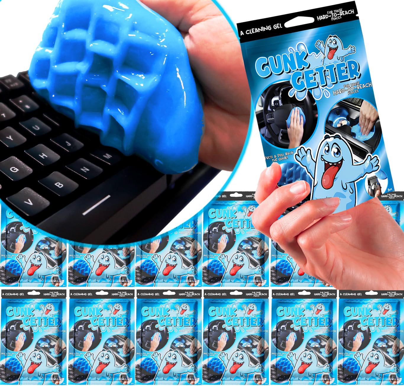 Gunk Getter 12 Pack Cleaning Gel for Those Hard to Reach Places, Automotive Cup Holder Electronic Keyboard Office, Slime Gel Cleaner Dust Crumb Removal (Resealable Pouch, Blue, 3oz)