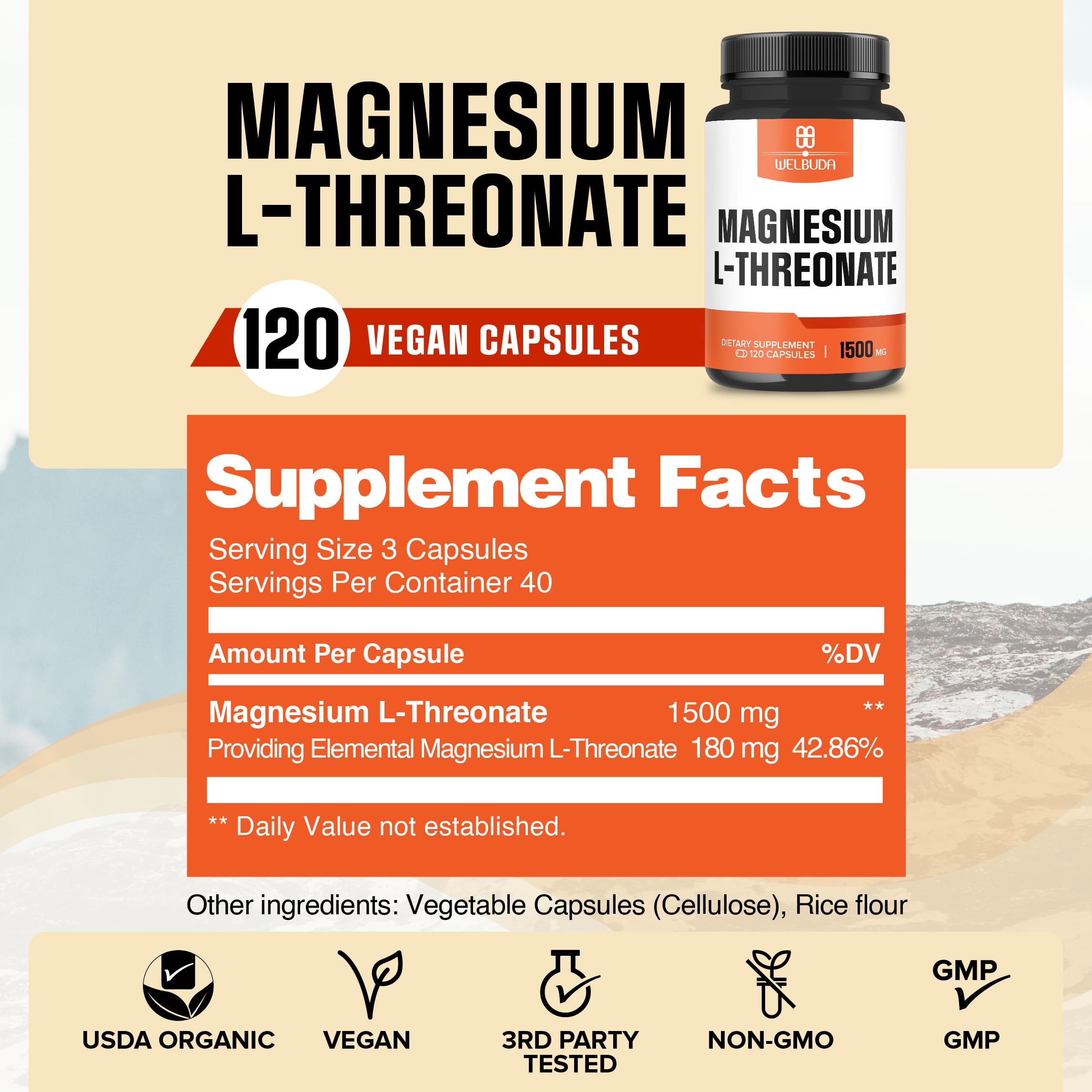 12% Purified Magnesium L-Threonate Capsules - 1500 Mg - 120 Capsules - Providing 180mg Elemental Magnesium L-Threonate