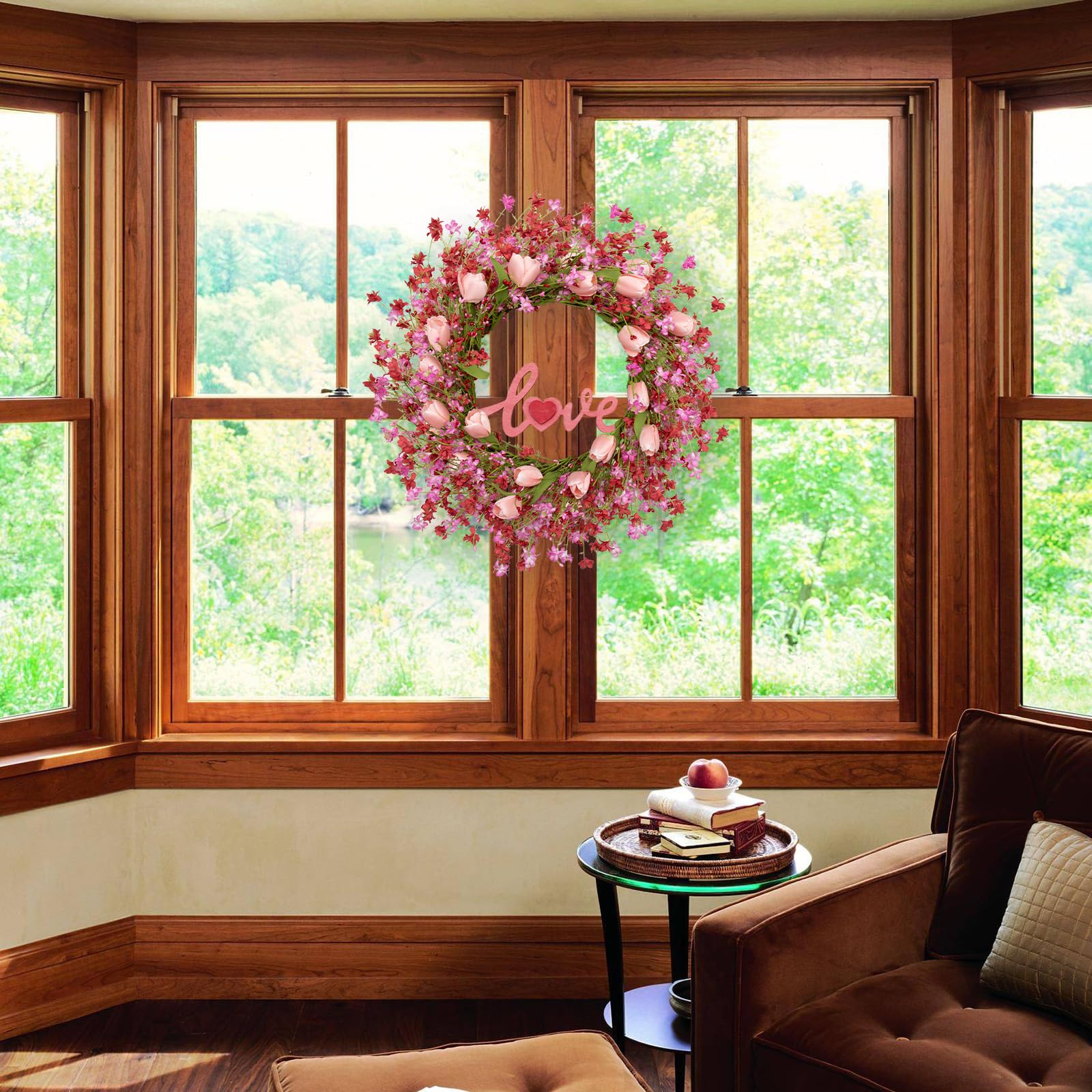 LLZLL Valentines Day Wreath Decor, 22inch Artificial Pink Wreath with Tulip Berry Green Leaf Element, Valentines Wreaths for Front Door Wedding Anniversary Party Candlelight Dinner Decorations