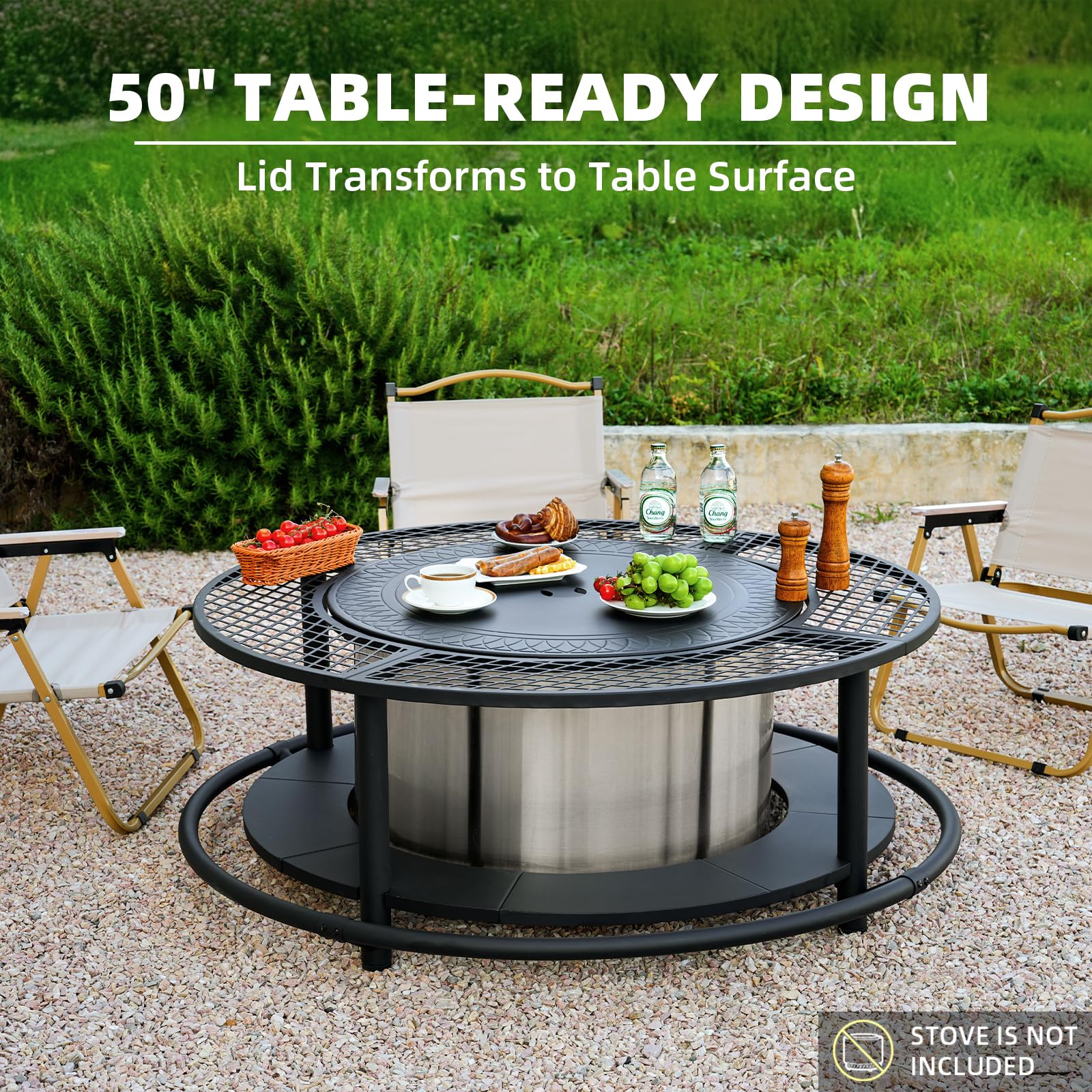 50 Inch Fire Pit Surround Tabletop for Smokeless Fire Pit, Outdoor Surround Table with 2 Grill Grates and Firewood Storage Shelf, Protective Barrier for Safety & Extra Space (Stove not Included)