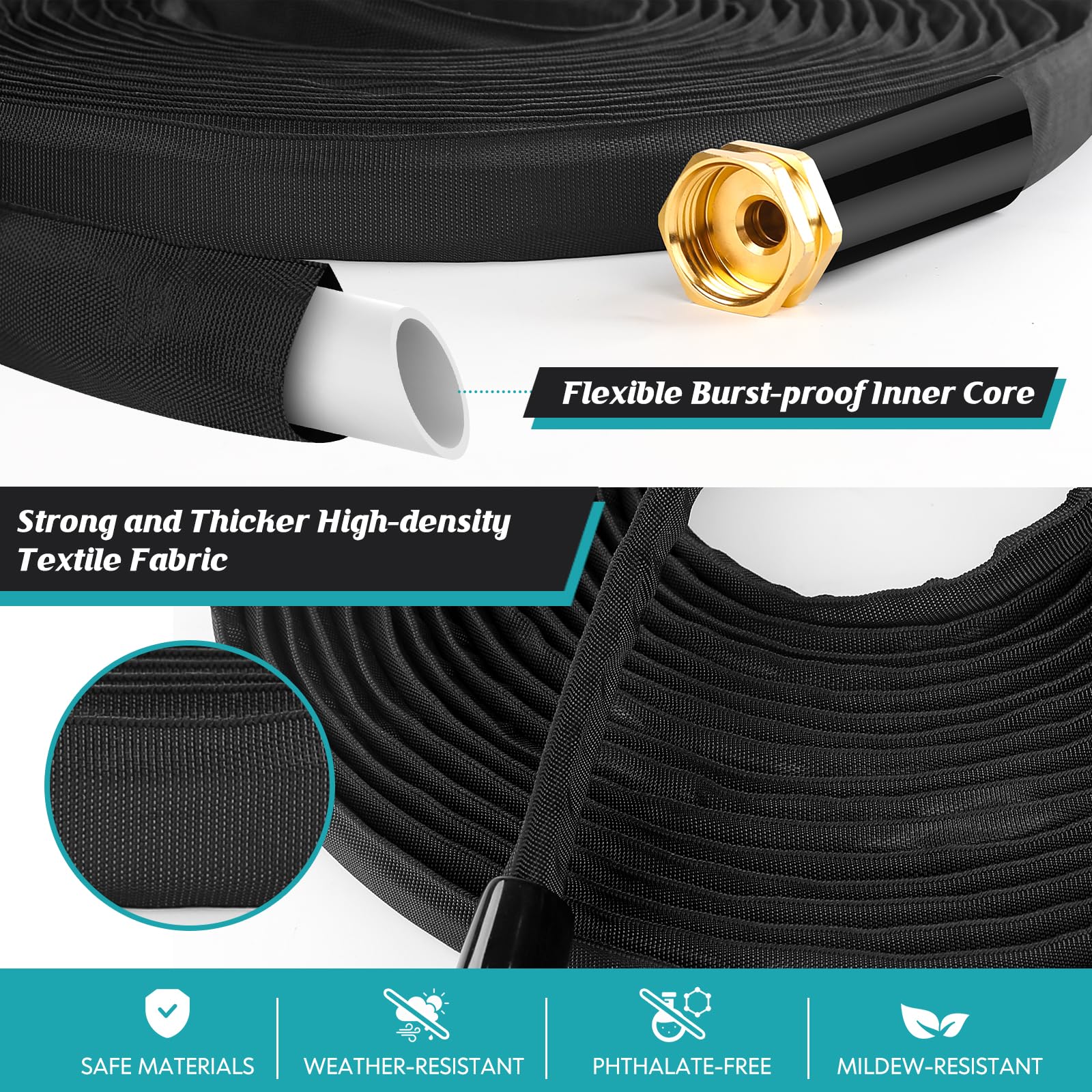 CXEZSIK Non-Expandable Garden Hose 50FT, Flexible and Tough, Lightweight and Sturdy, Abrasion Resistant and Kink-Free Water Hose for Outdoor, Yard, Lawn, Car Wash, Marine, and Camper Use