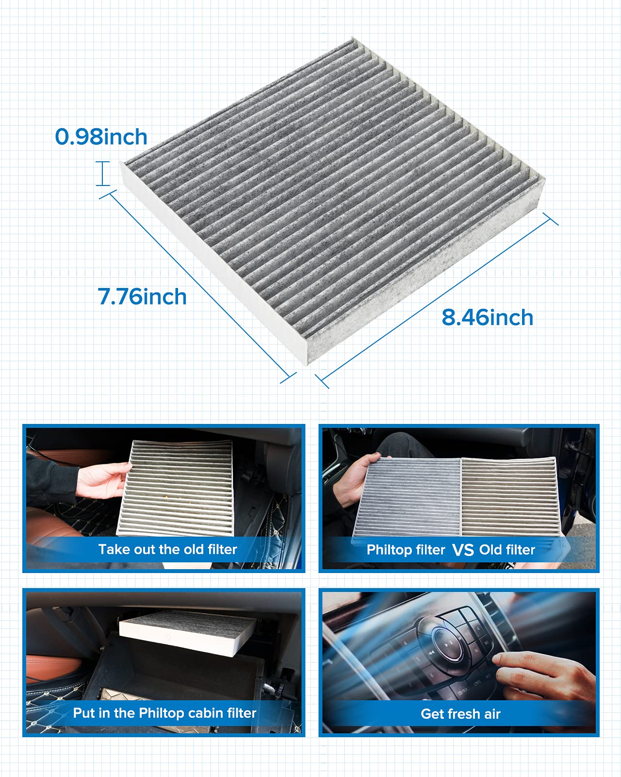 PHILTOP Cabin Air Filter, Replacement for ACF022 (CF11671) CX7, RAM1500, 2500, 3500, 4500, 5500, Premium Cabin Filter with Activated Carbon Filter Up Dust Pollen Odor