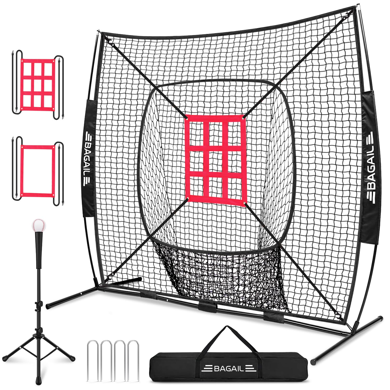 BAGAIL 7x7 ft Baseball & Softball Practice Net with Bow Frame for Batting, Hitting, Pitching, Portable Baseball Throwing Net with 2 Strike Zone Batting Tee, Carry Bag, Great for All Levels