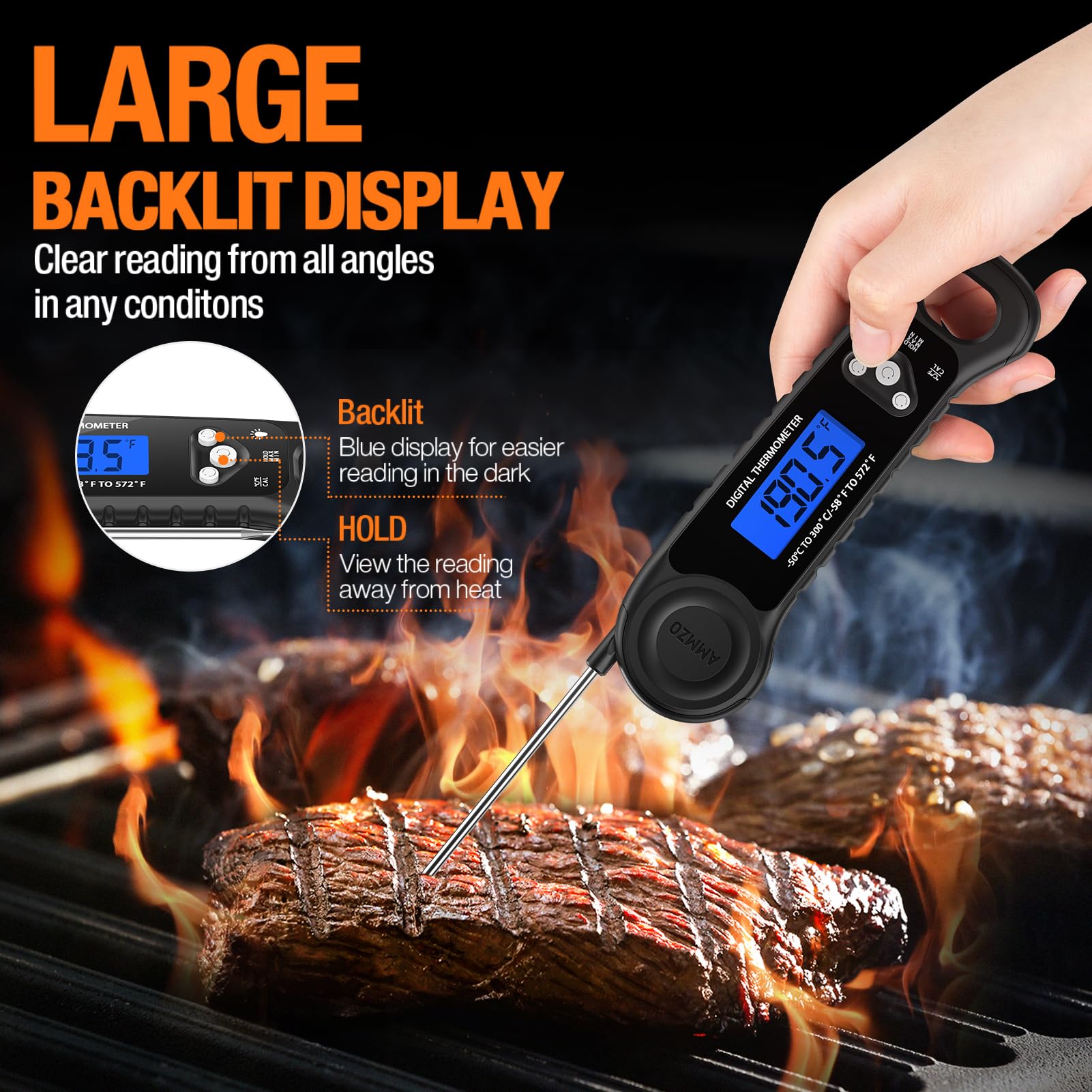 AMMZO Meat Thermometer Digital, Instant Read Food Thermometer for Cooking, Grilling, Baking, Frying & Candy Making, Essentials Kitchen Gadgets Accessory, Gifts for Men Women Dad Mom Birthday