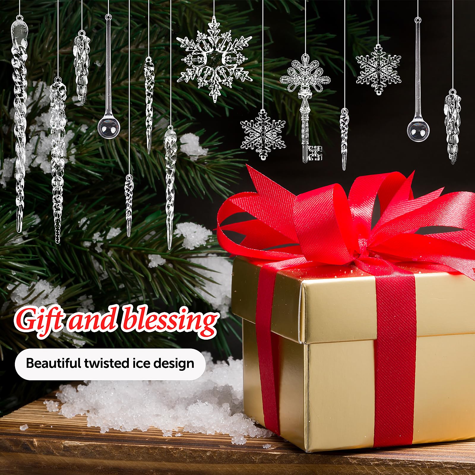 20 Pcs Acrylic Icicles Clear Snowflake Hanging Icicles Simulated Ice Stick Christmas Icicle Ornaments Set for Christmas Tree Pendant Christmas Decorations
