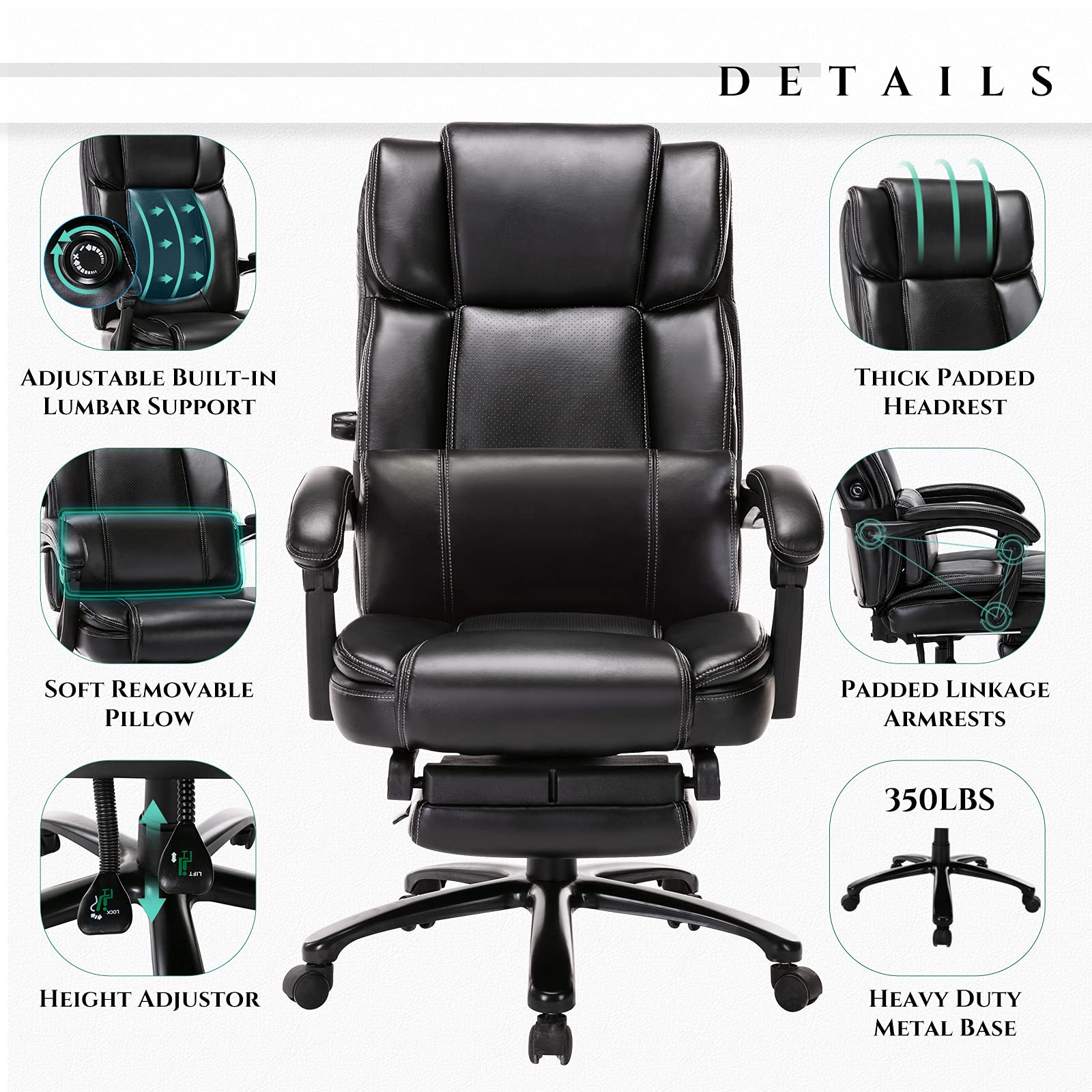 Big and Tall Office Chair with Footrest 350lbs, Thick Bonded Leather Home Office Computer Chair, High Back Executive Chair-Ergonomic Chair with Adjustable Height and Lumbar Support Pillow, Black