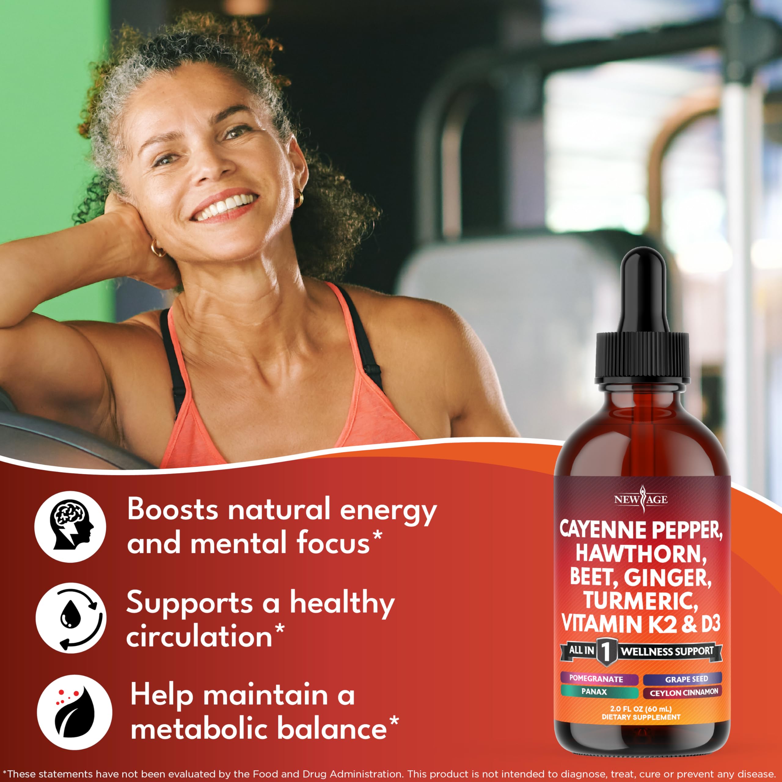 Cayenne Pepper Supplement Liquid Drops + Hawthorn Berry, Vitamin D3 K2 Beet Root Powder, Ceylon Cinnamon, Turmeric Curcumin, Organic Panax Ginseng - 4oz