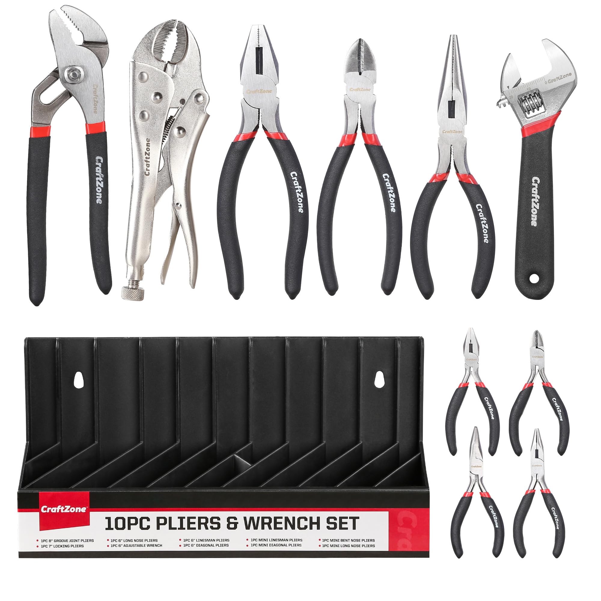 10PC Pliers and Wrench Set with Storage Rack – Includes Locking | Long Nose | Diagonal Cutter | Groove Joint | Linesman & Mini Plier ,High-Quality Carbon Steel Tool Kit for DIY and Home a Gift for Man