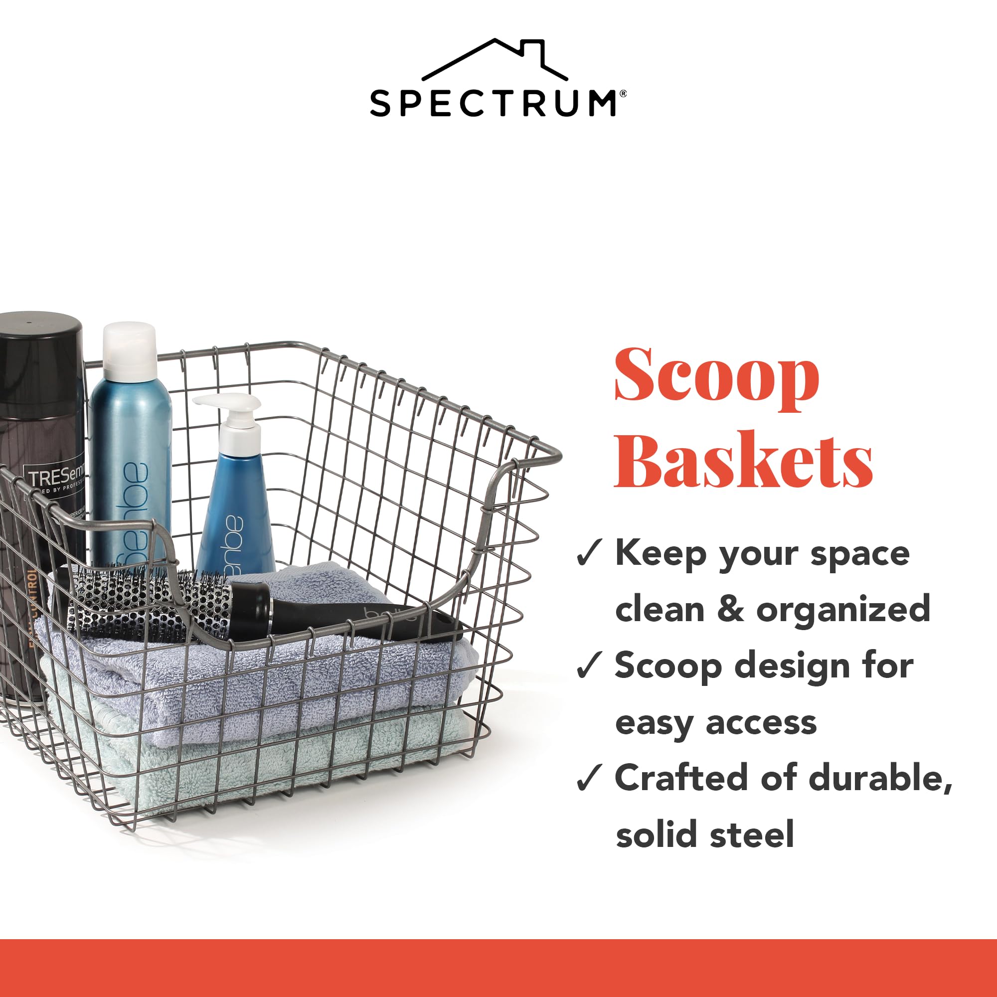 Spectrum Wire Basket for Organizing (Medium, Industrial Gray) - Sturdy Scoop Pantry Basket Storage - Wire Storage Basket Organizer for Kitchen, Shelf, Closet, Bathroom, Garage & More