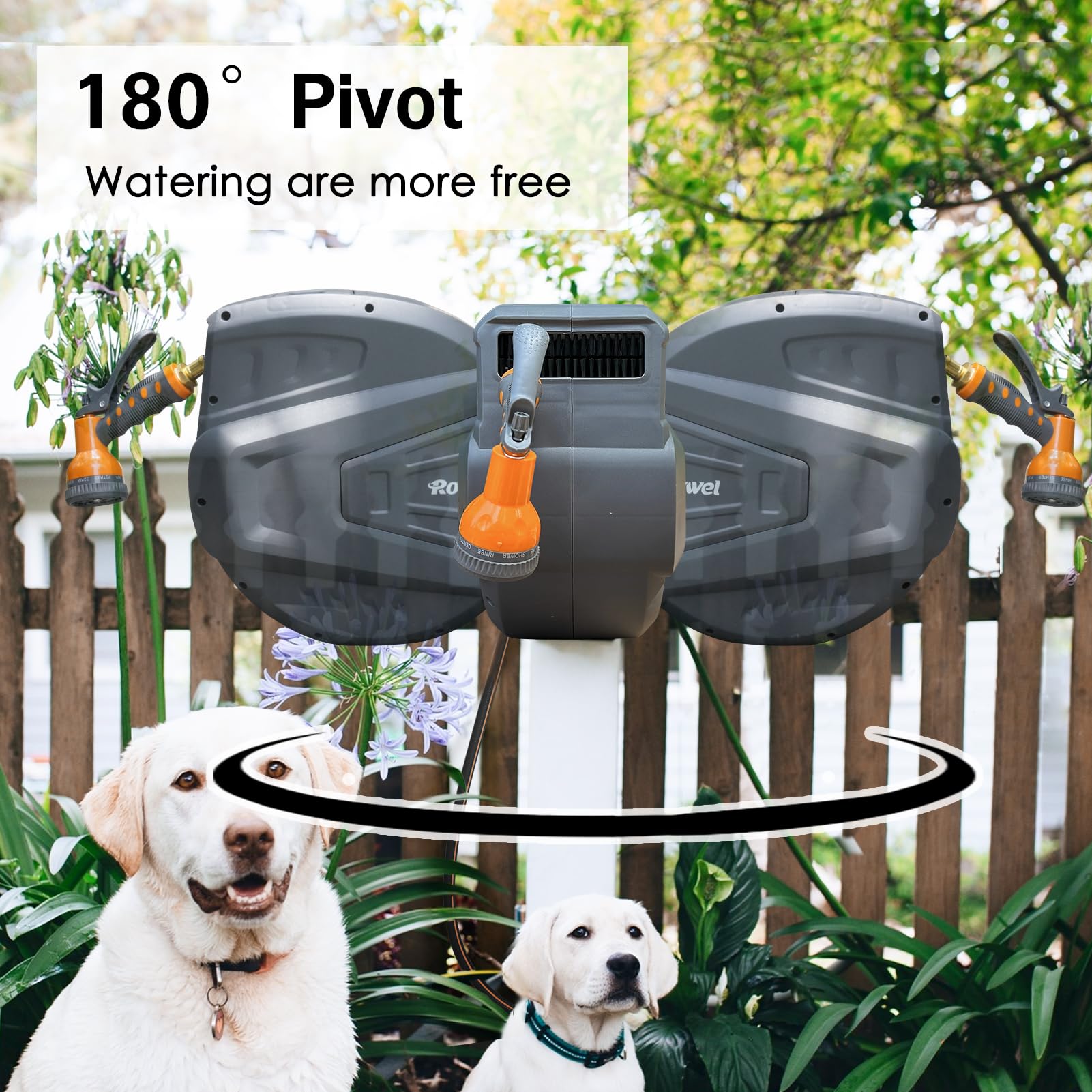Roywel Retractable Hose Reel 1/2" X 100ft Garden Hose Reel,Auto Rewind/Self-Locking System/Wall Mounted/180°Pivot Bracket With 9- Function Sprayer Nozzle For Garden Lawn Garage watering