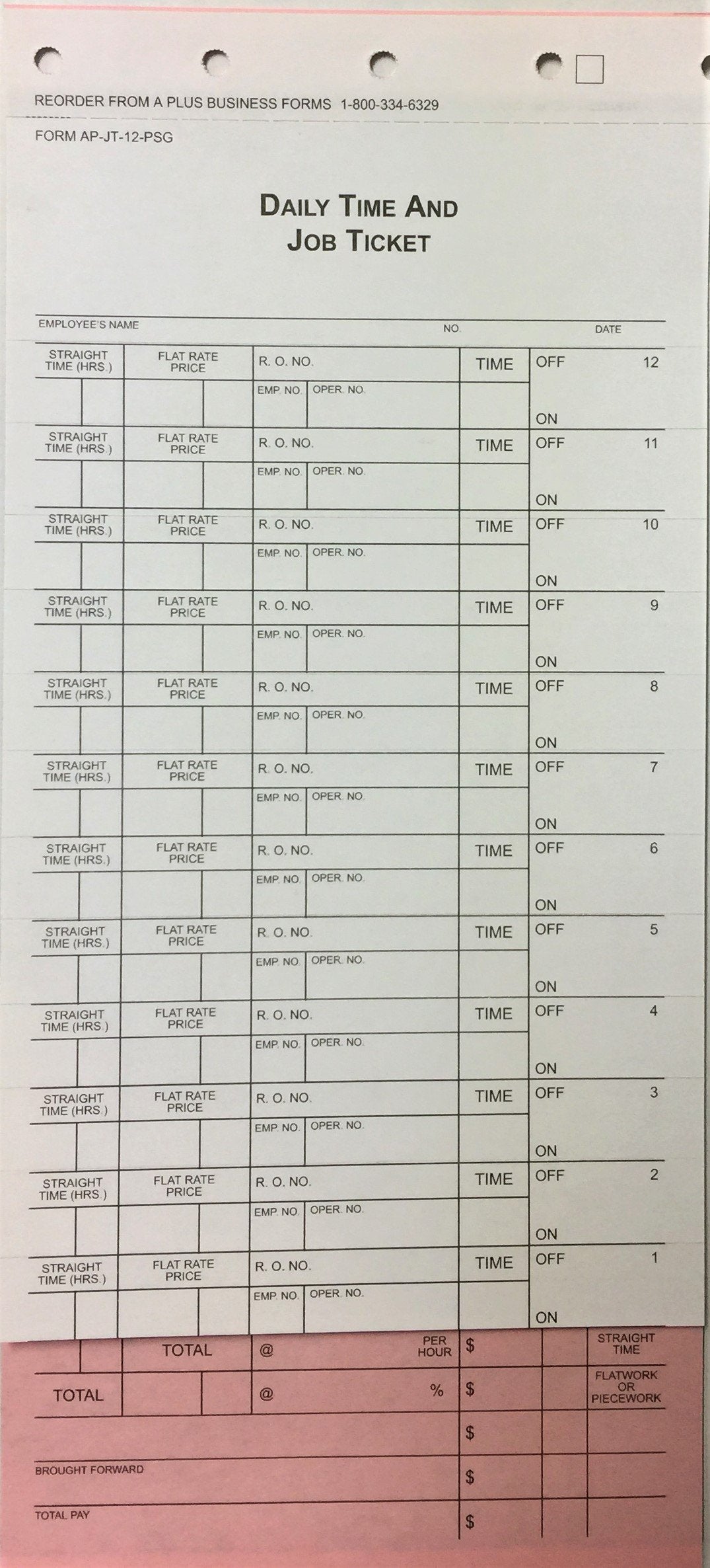 12 Flag Mechanics Daily Time and Job Ticket JT-12-PSG by A+ (500 Per Box)(V2)
