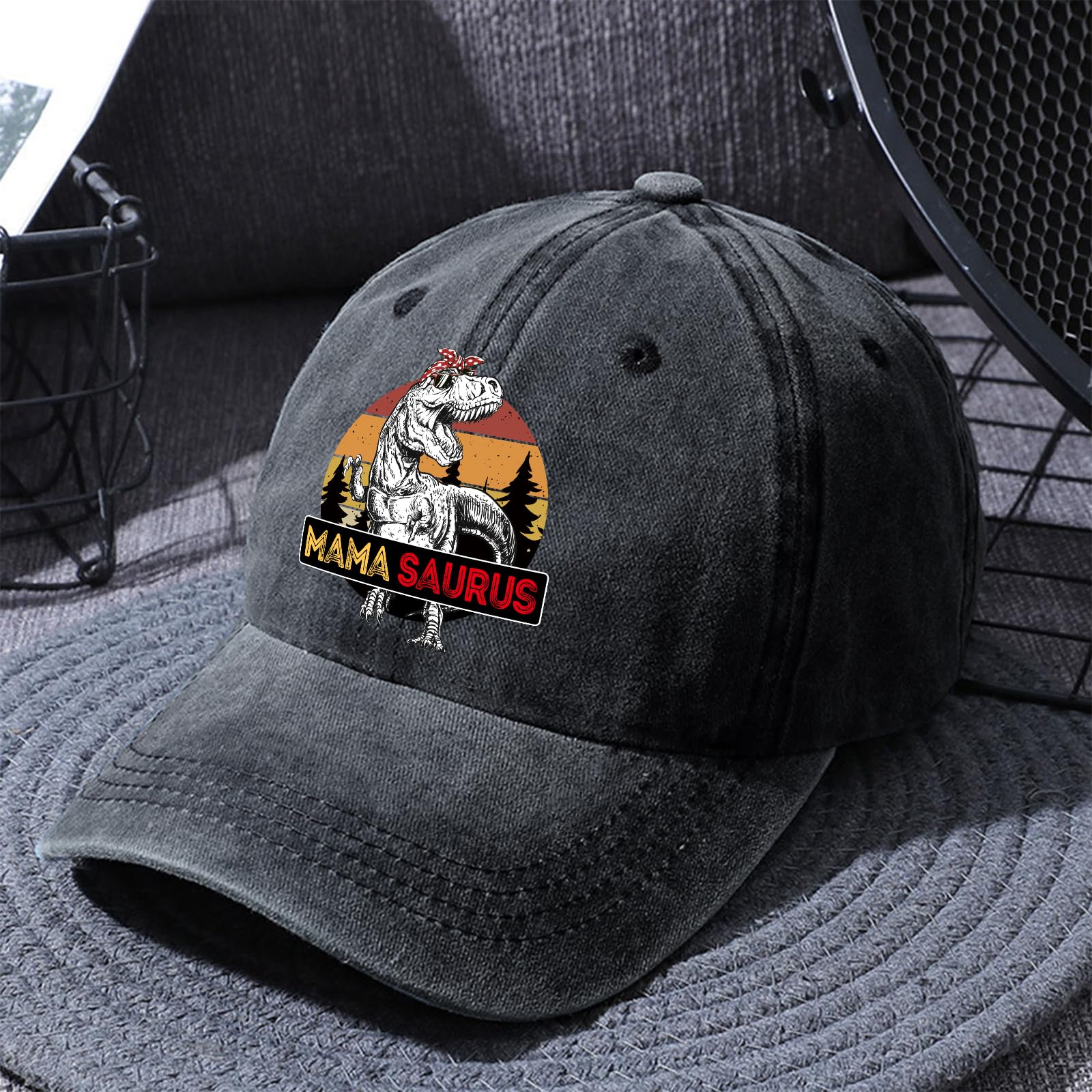 Pishovi Mama Saurus Fun Distressed Washed Black Baseball Cap, Vintage Adjustable Cotton Cap, Birthday for Mom Grandma, Funny Hat Gift for Mom