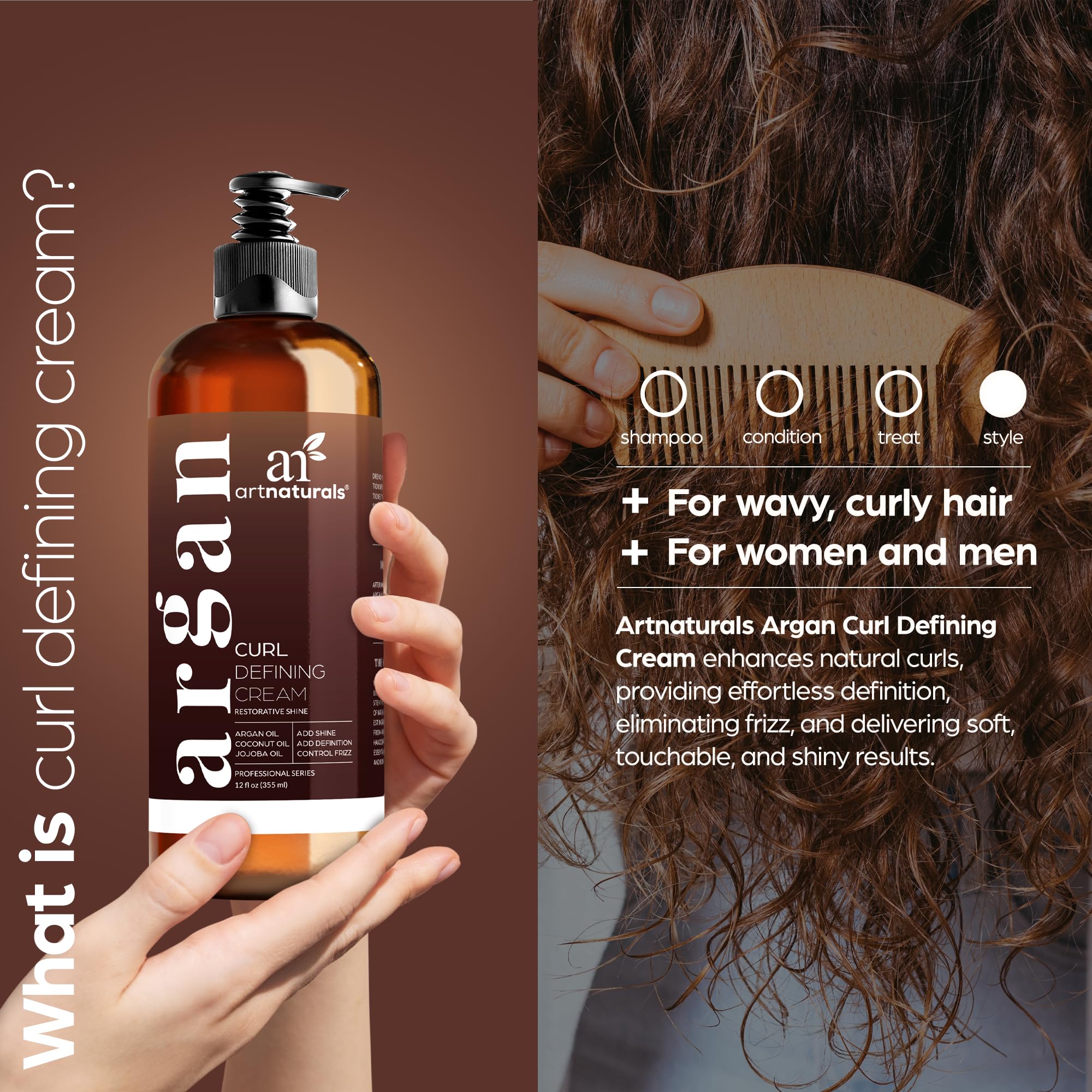 Artnaturals Curl Defining Cream-Moisturizer & Enhancer w/Almond, Jojoba & Argan Oil & Natural Frizz Control - for Wavy & Curly Hair Products - Sulfate Free - 12 Oz for Women and Men
