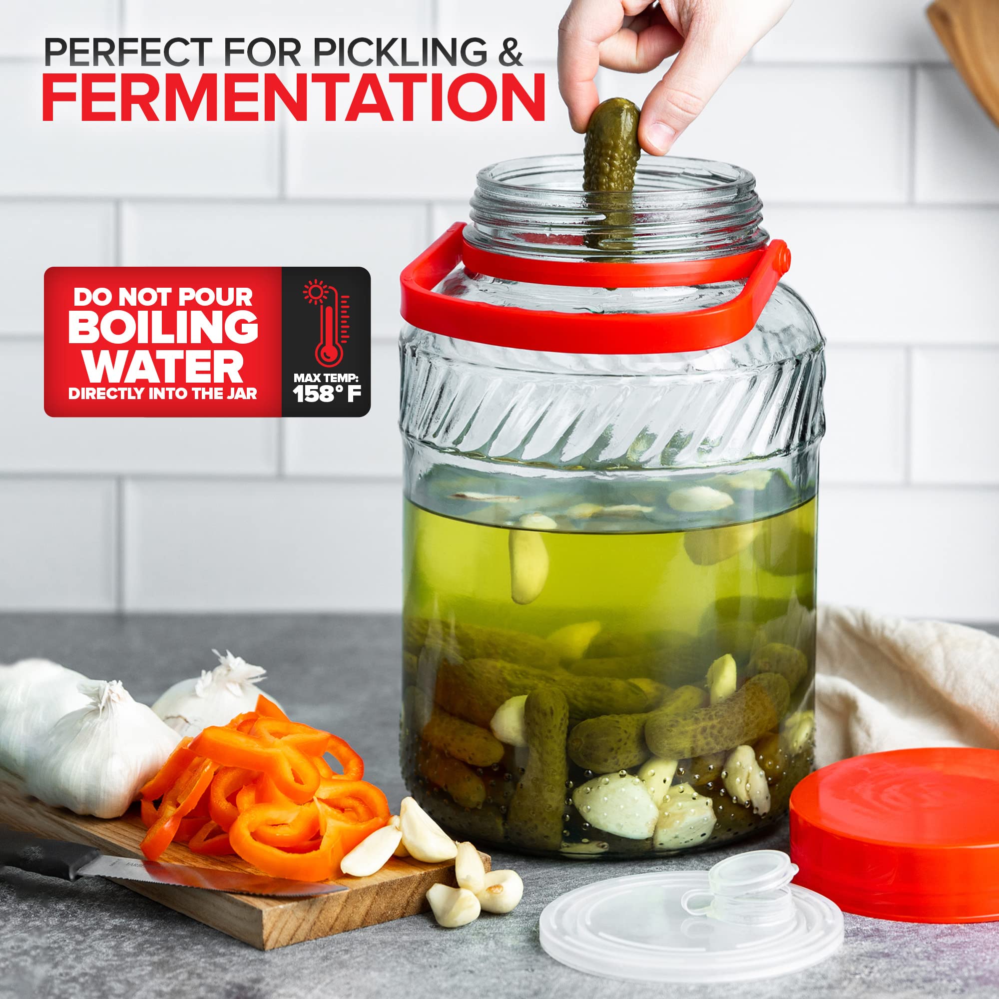 1 Gallon Glass Jar With Lid (2 Pack) 128 oz Large Mason Jars Wide Mouth for Sun Tea, Big Kombucha Jugs for Fermentation, Kimchi Container, Cabbage, Tomatoes, Pickles, Hot Peppers, Duck Eggs