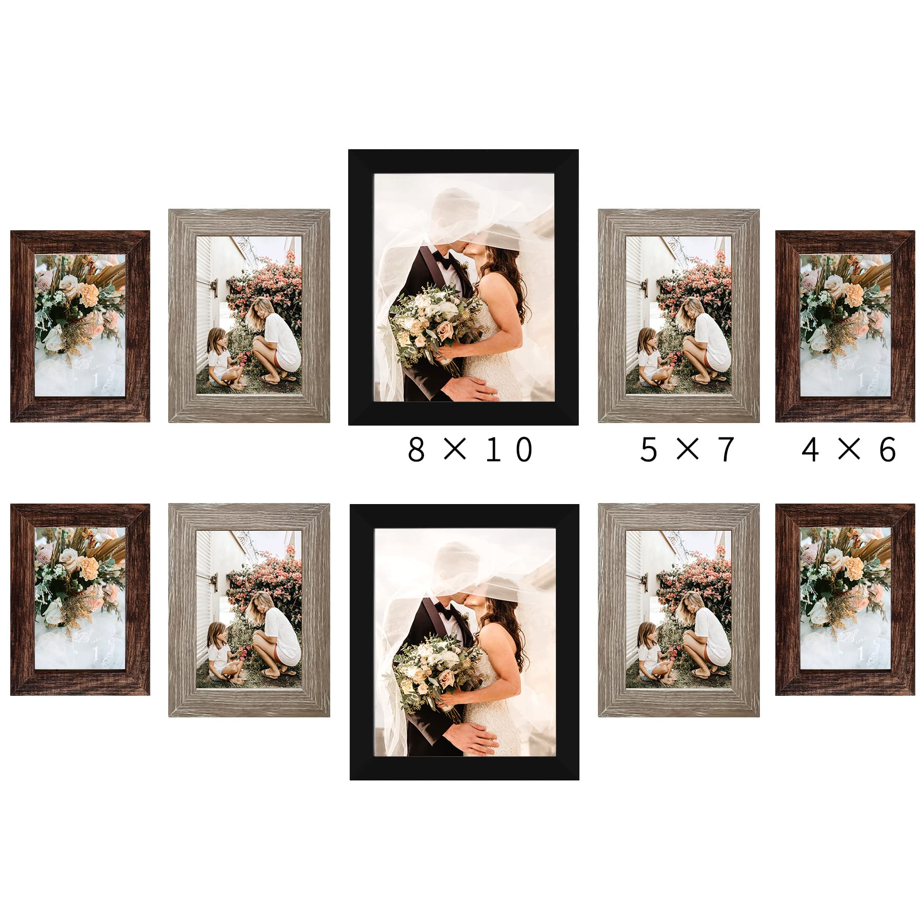 LUCKYLIFE Picture Frame Set 10-Pack, Gallery Wall Frame Collage with 8x10 5x7 4x6 Frames in 3 Different Finishes