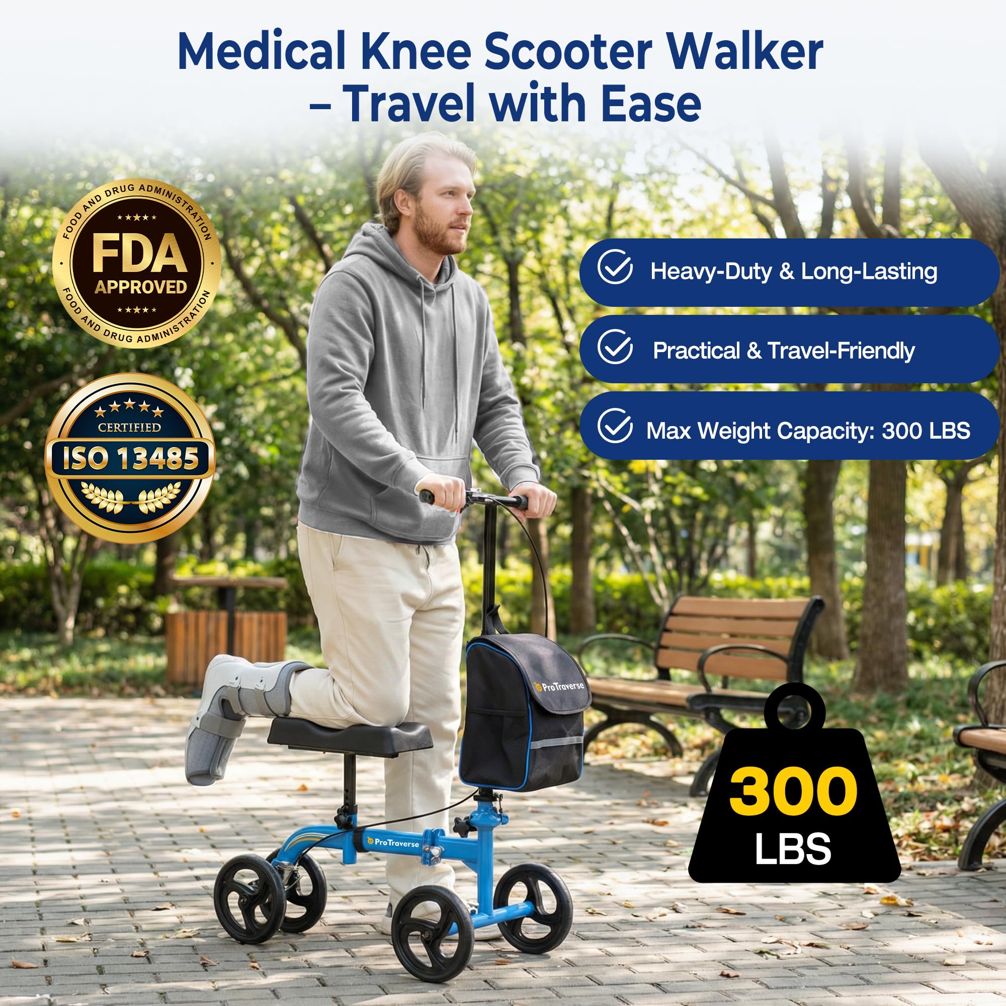 ProTraverse Knee Scooter for Adults, Foldable & Steerable Knee Walker with Comfort Knee Pad, Crutch Alternative for AdultsοΌMedical Mobility Aid for Foot Surgery, Broken Foot & Ankle Injury,Blue