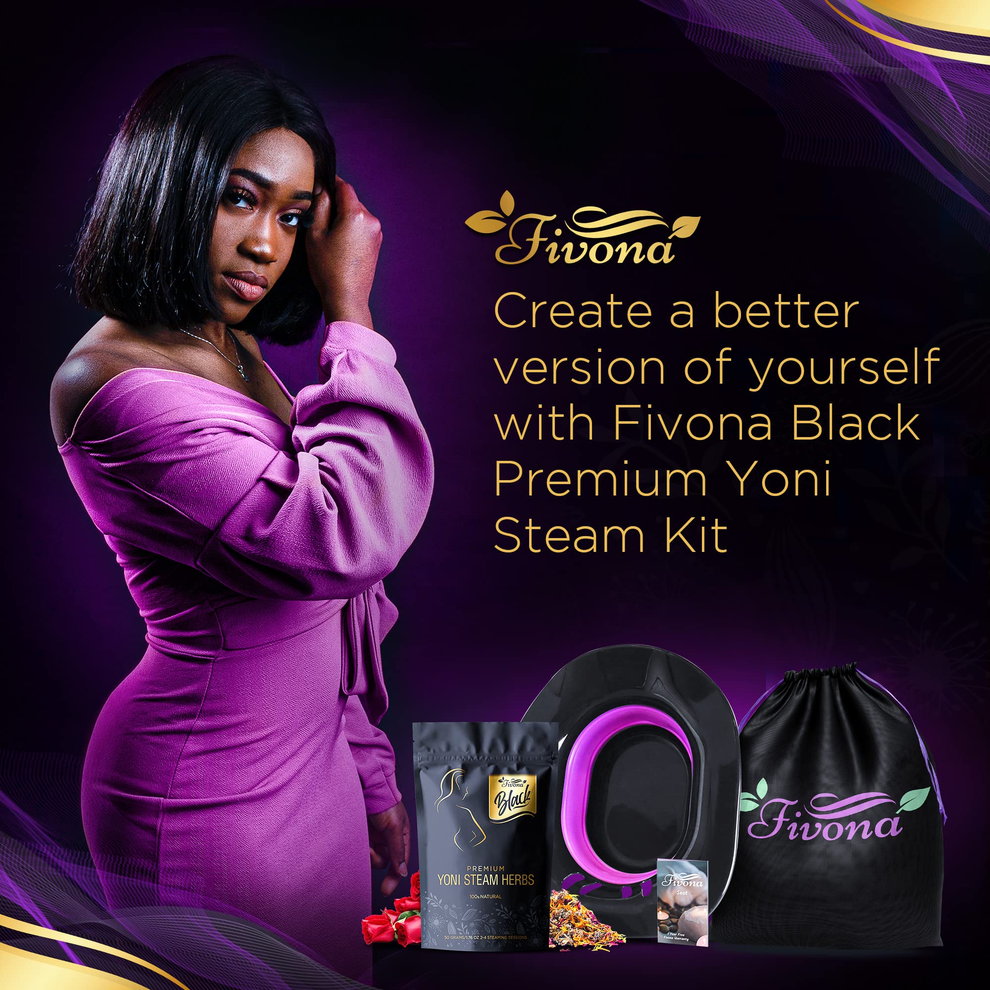 Fivona 3-in-1 Yoni Steam Kit Black - Foldable Over The Toilet Steamer Seat with Herbal Blend and Storage Bag - Effective Detox pH Balance Cleansing and Relaxation - at Home V-SPA