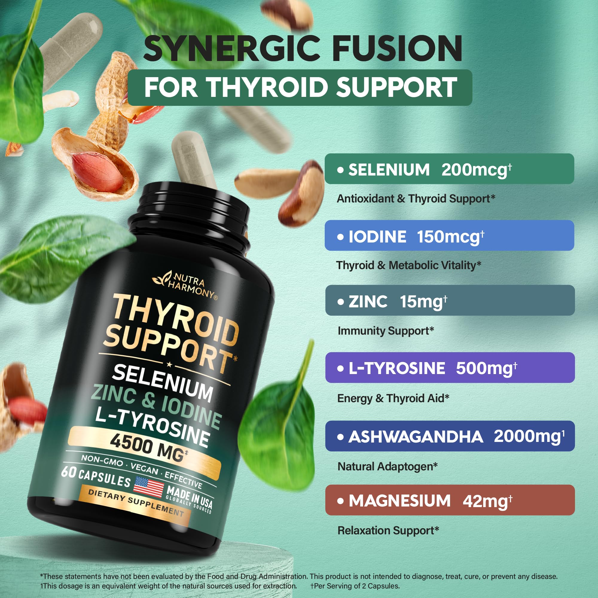 Thyroid Support for Women - Selenium 200 mcg | Zinc & Iodine | L-Tyrosine | Magnesium | Adaptogen Herbs - 20-in-1 Antioxidant & Immune Support - Vegan, Non-GMO, Lab Tested - 60 Capsules, Made in USA