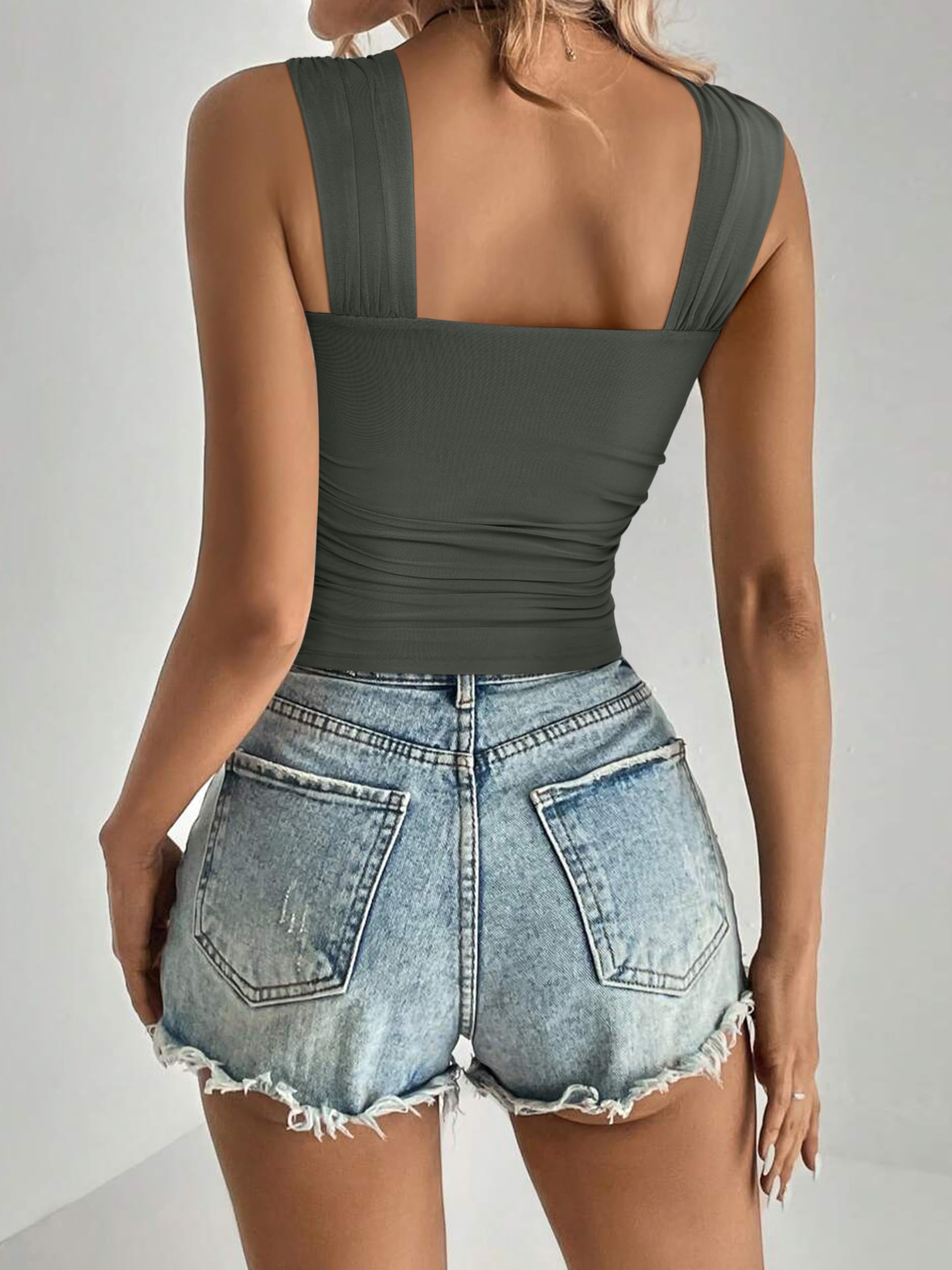 REORIA Womens Sexy Square Neck Double Lined Mesh Sheer Ruched Crop Going Out Tops Y2k Trendy Cute Tank Top Summer Outfits Green Medium