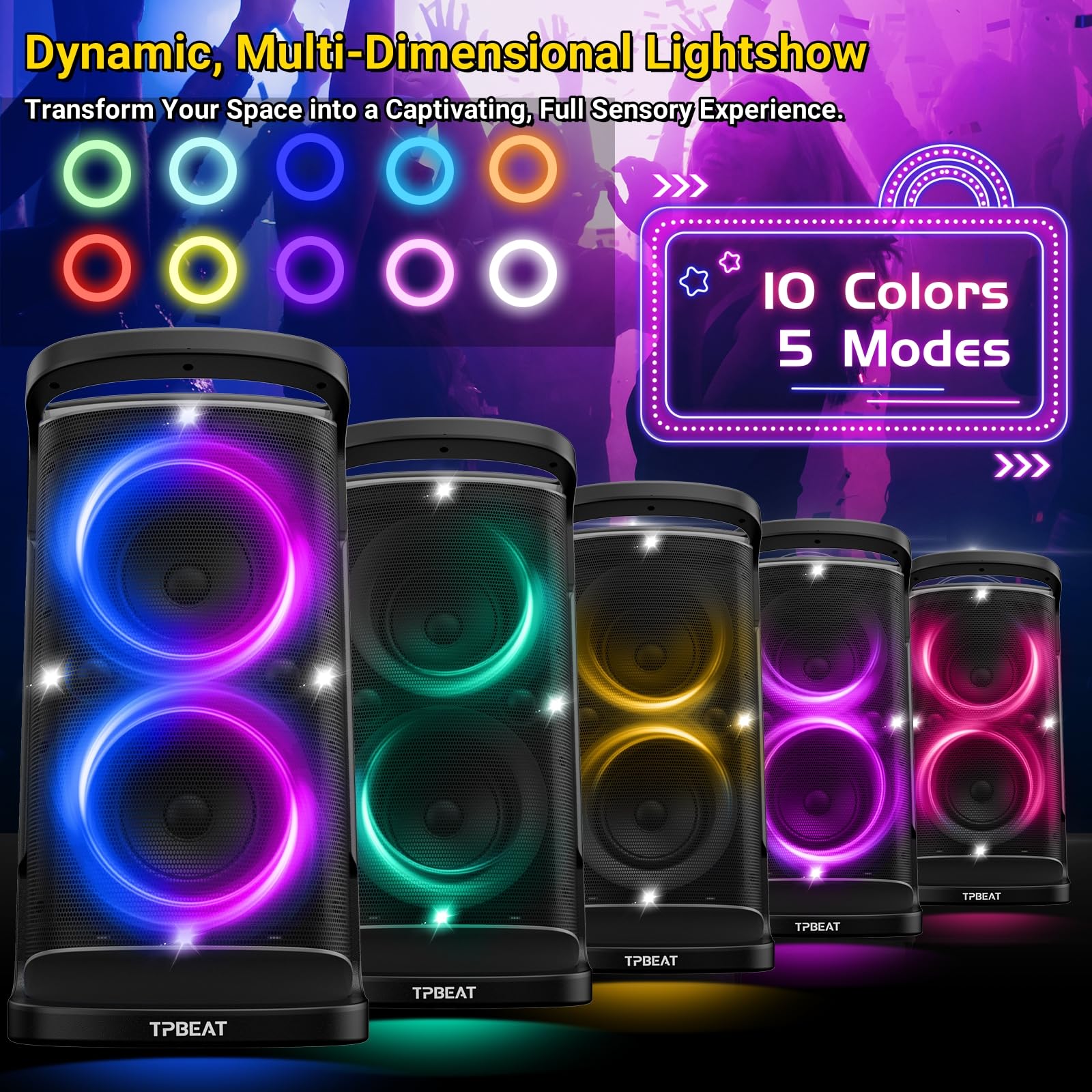 TPBEAT Portable Bluetooth Party Speaker: 160W Peak Powerful Loud Sound Deep Bass Wireless Boombox Large Subwoofer 15 Hours Battery Life Fast Charging with Led Light Show for Outdoor Camping Backyard