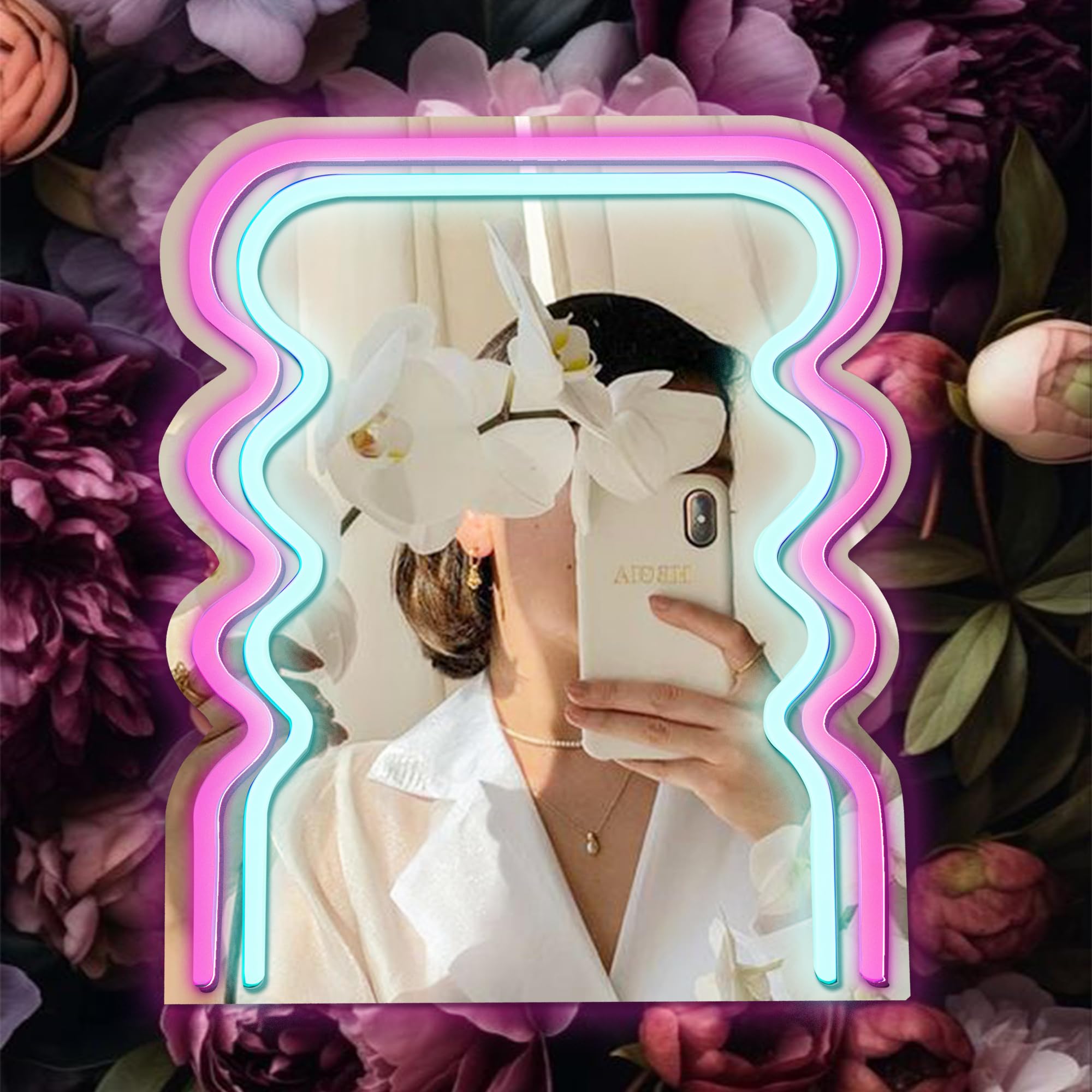 Archway Wave Neon Sign Mirror for Wall Decor, Powered by USB, 3D Art Neon Light, Pink and Blue, 13"x11" inch, LED Light Wall Mirror,Makeup Mirror with Lights for Women Gift
