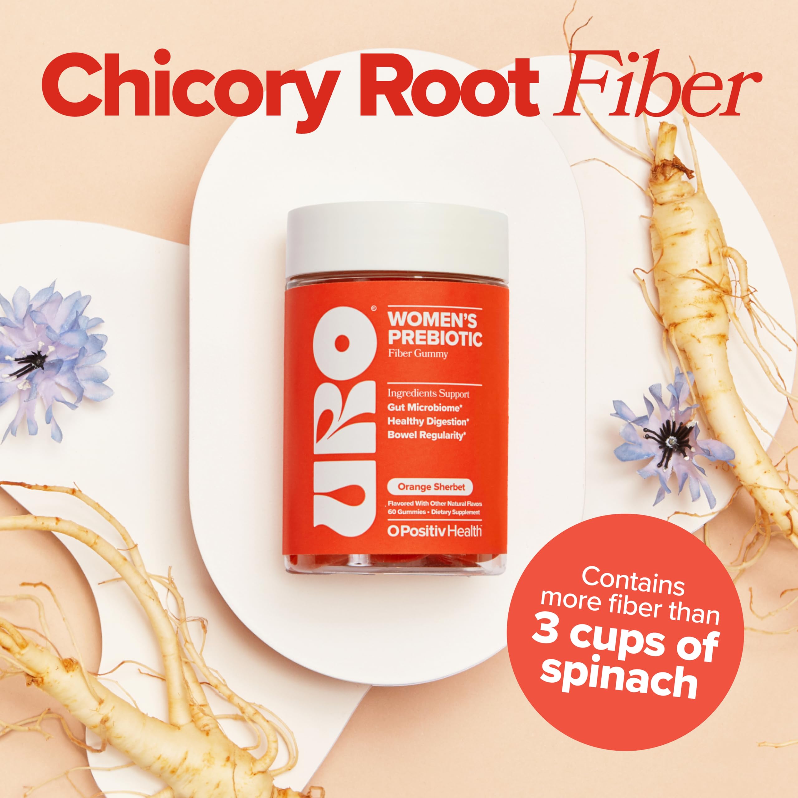 URO Fiber Gummies for Adults, 60 Count (Pack of 1) - Prebiotic Chicory Root Inulin Fiber Supplement - Daily Gummy Fiber for Digestive Gut Health - Non-GMO, Vegan & Cruelty-Free