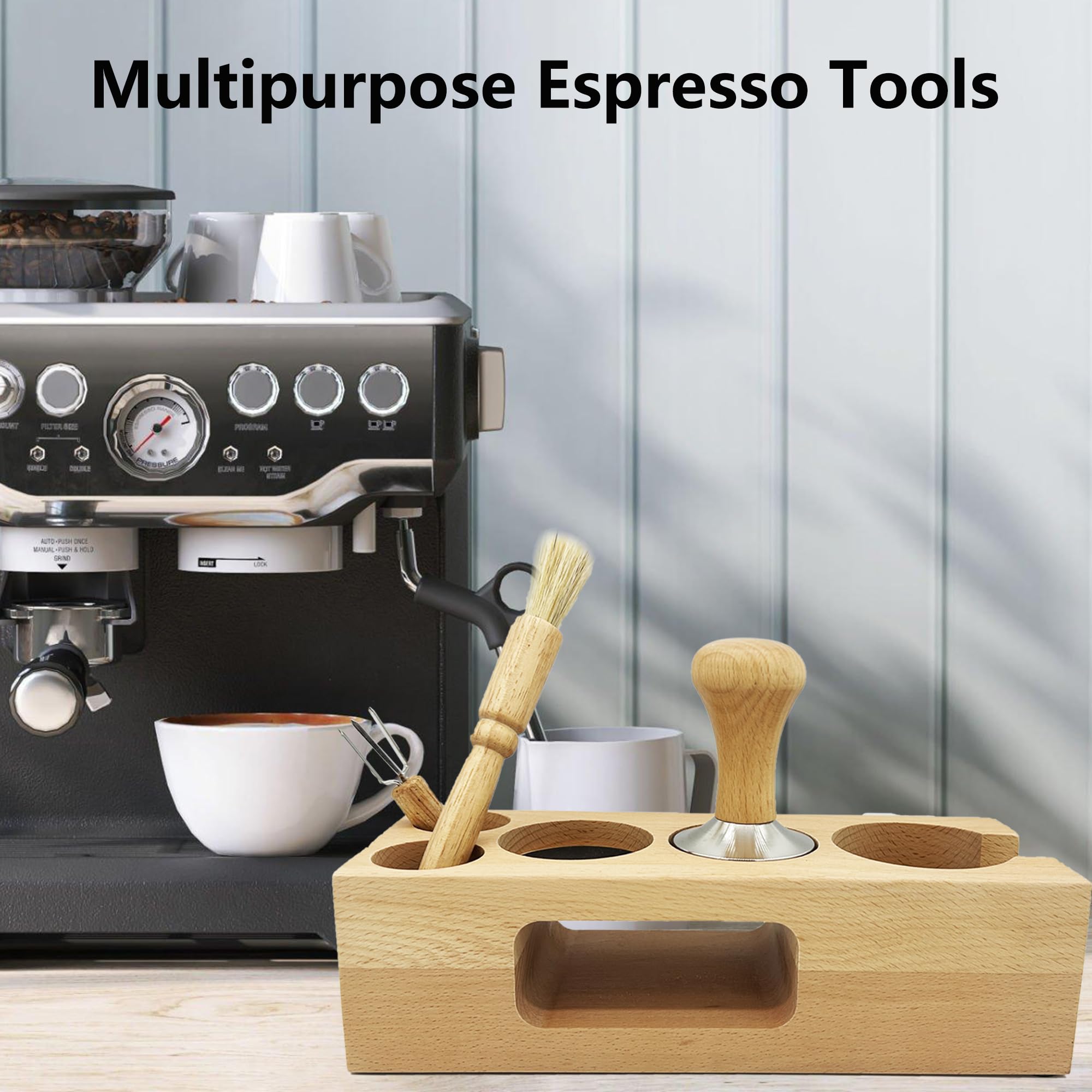 Espresso Tamper Distributor Accessories Kit, Wood Coffee Filter Tamping Station with Coffee Brush Tamper stirrer distributor, Multipurpose Espresso Tools for Bar Home Office, 58 mm(5PCS)