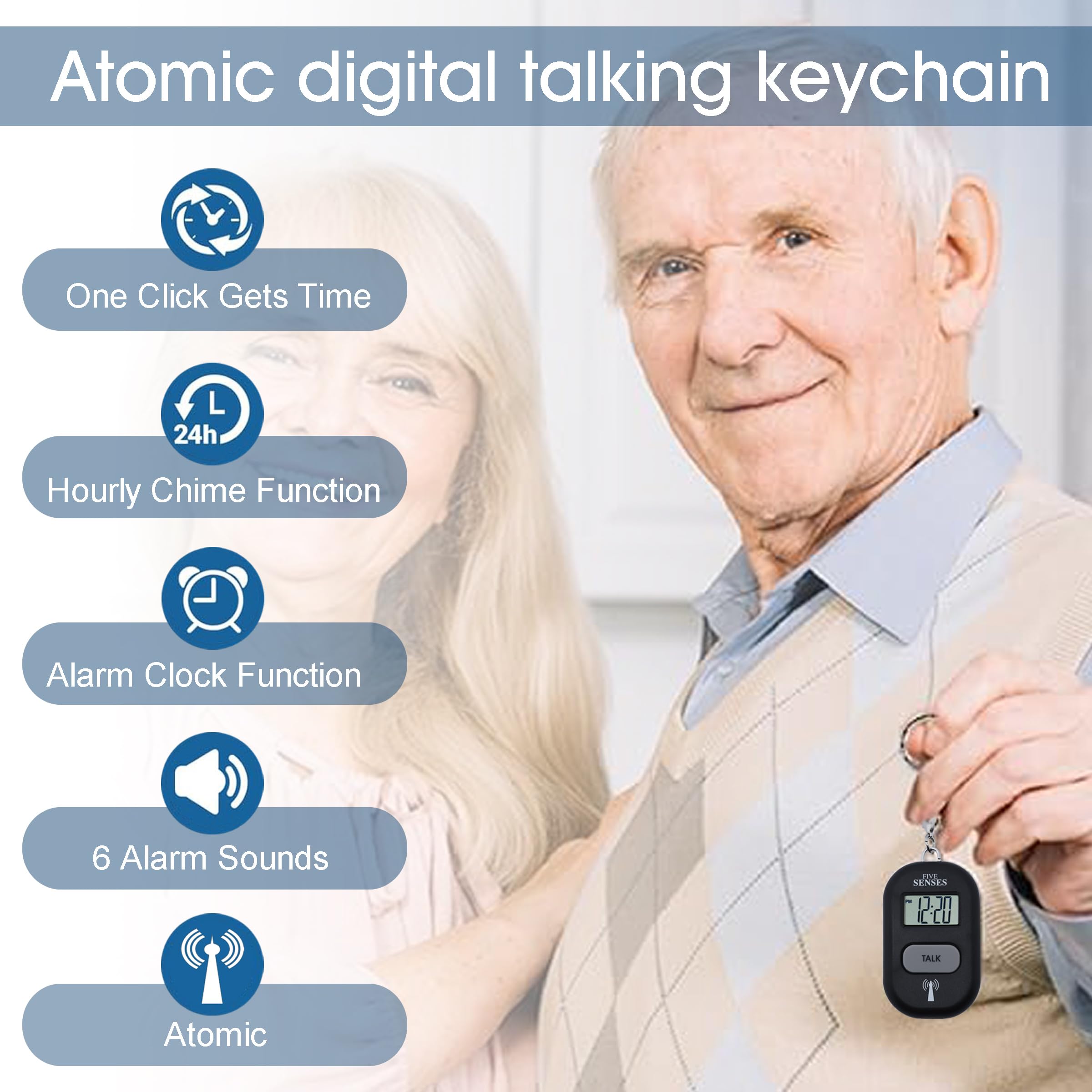FIVE SENSES Atomic Talking Key Chain for Women Men Elderly Visually Impaired Cute Smart Keychain Multiple Alarm Clock Watch 1281S (Black)