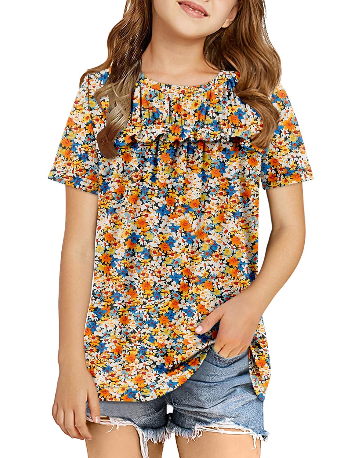 storoefbaby Floral Short Sleeve Shirts for Girl Tween Loose Ruffle Tunic Tops