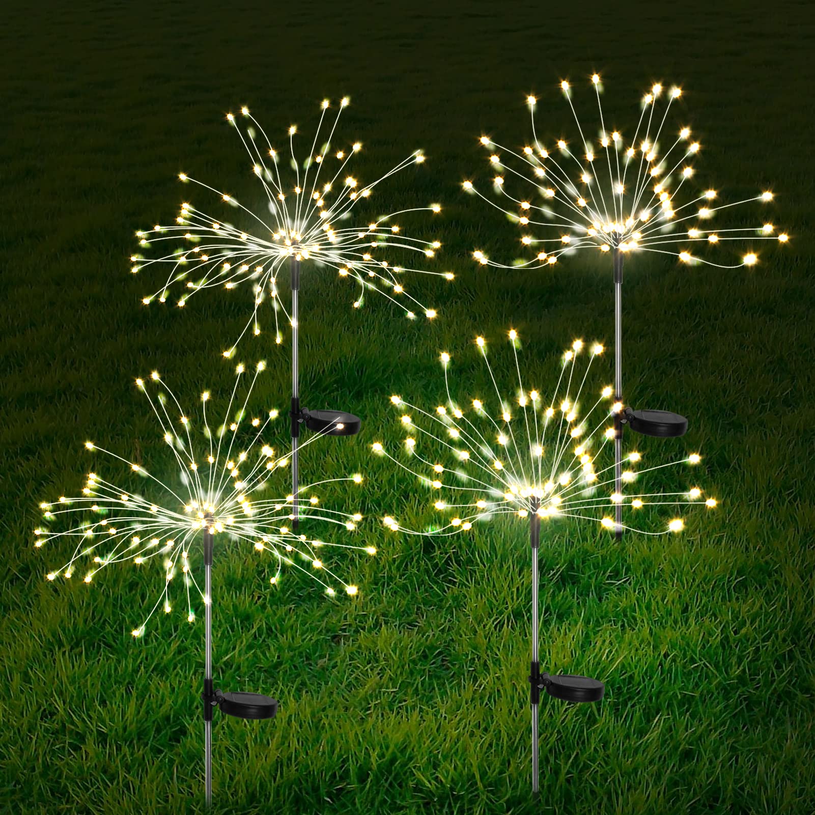 FOOING 4 Pcs Solar Garden Lights Solar Firework Lights, 480 LED Solar Powered String Light 2 Modes Twinkling Solar Lights for Garden, Wedding, Party, Patio(Warm White)