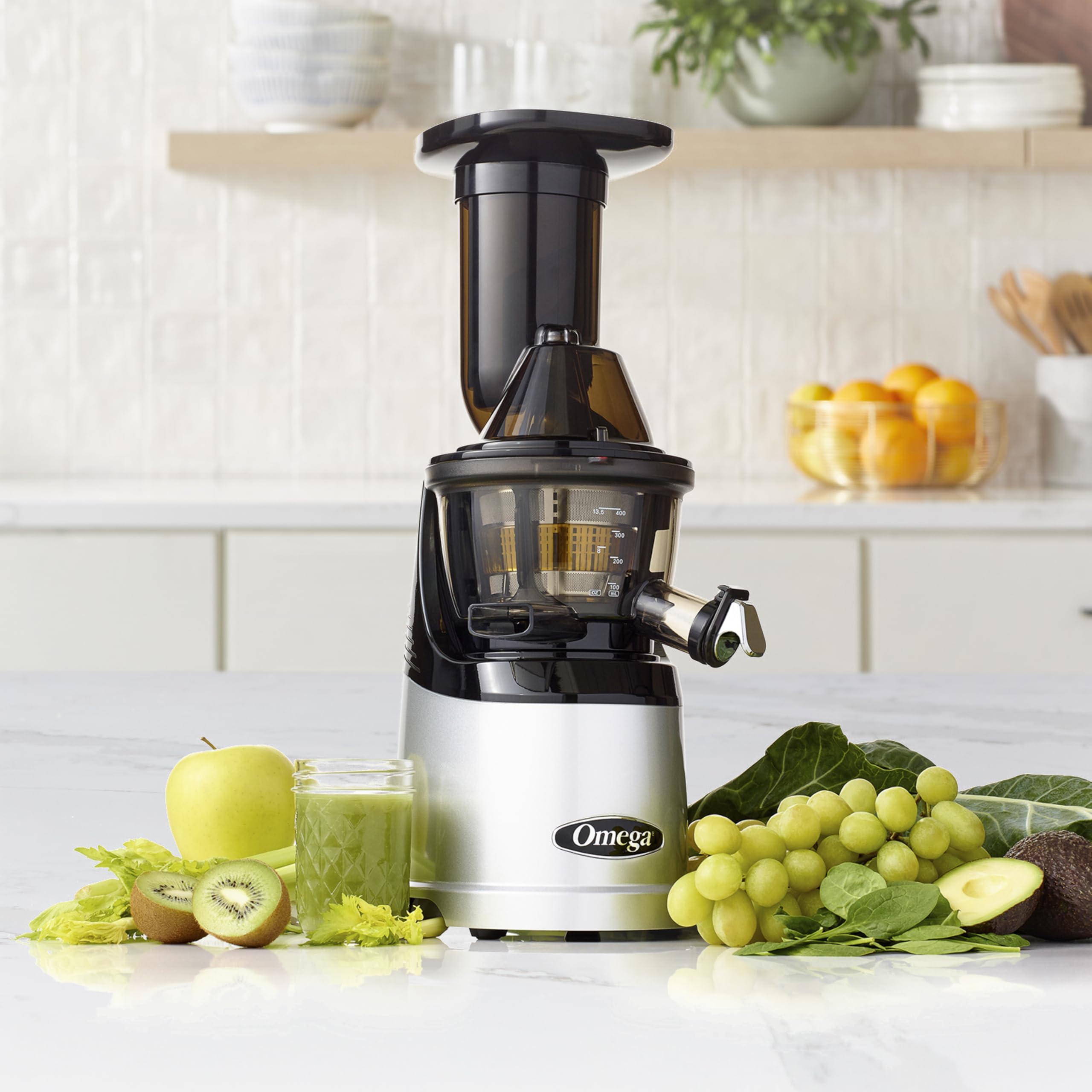 Omega MegaMouth Vertical Low Speed Quiet Juicer with Smart Cap Spout Tap, 240-Watt, Silver