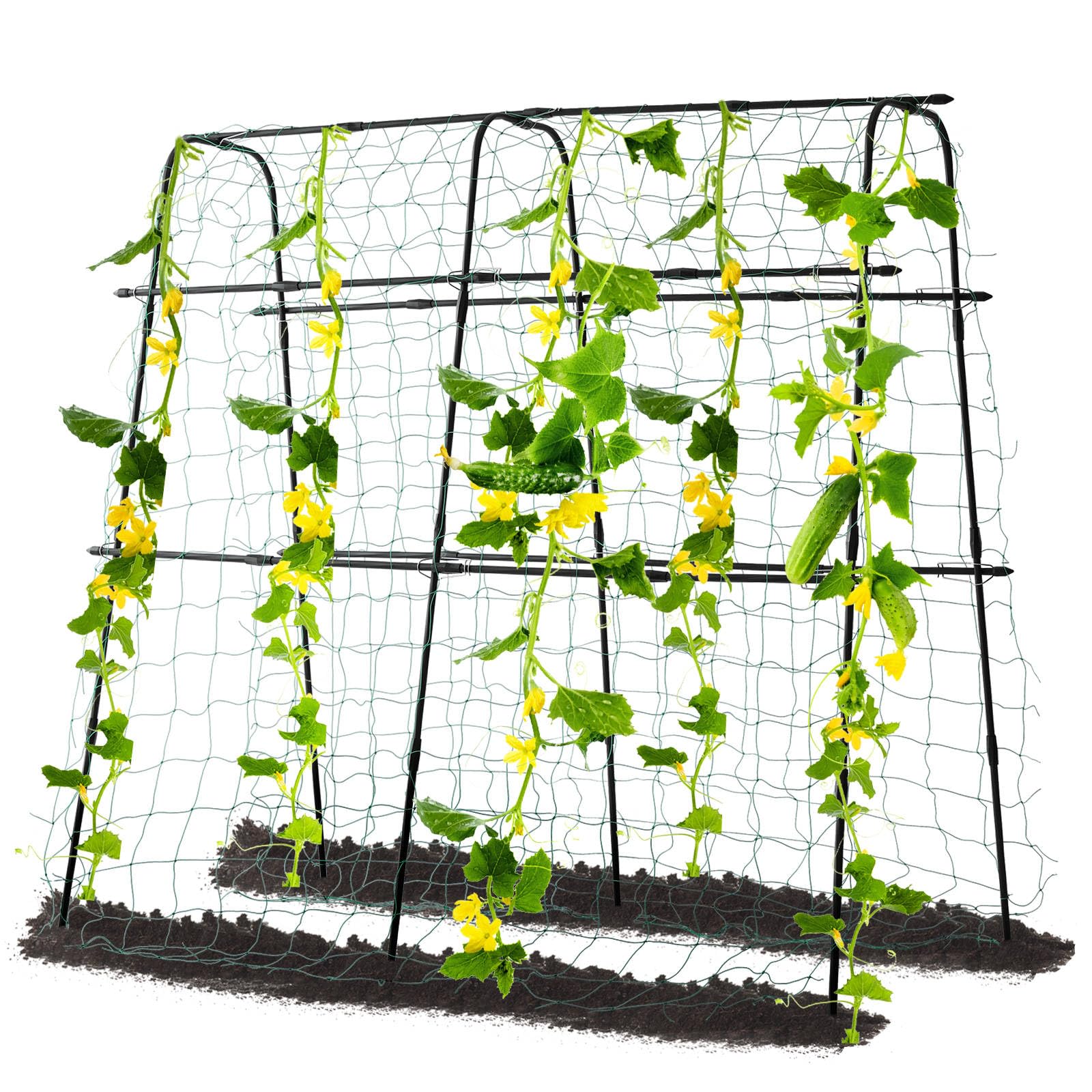 Garden Trellis for Climbing Plants Outdoor | Metal Plant Support for Outdoor Vegetables/Fruits/Flowers Vines | Large Garden Arch Cucumber Trellis with Nylon Garden Netting, 63" Hx 63" L, Black