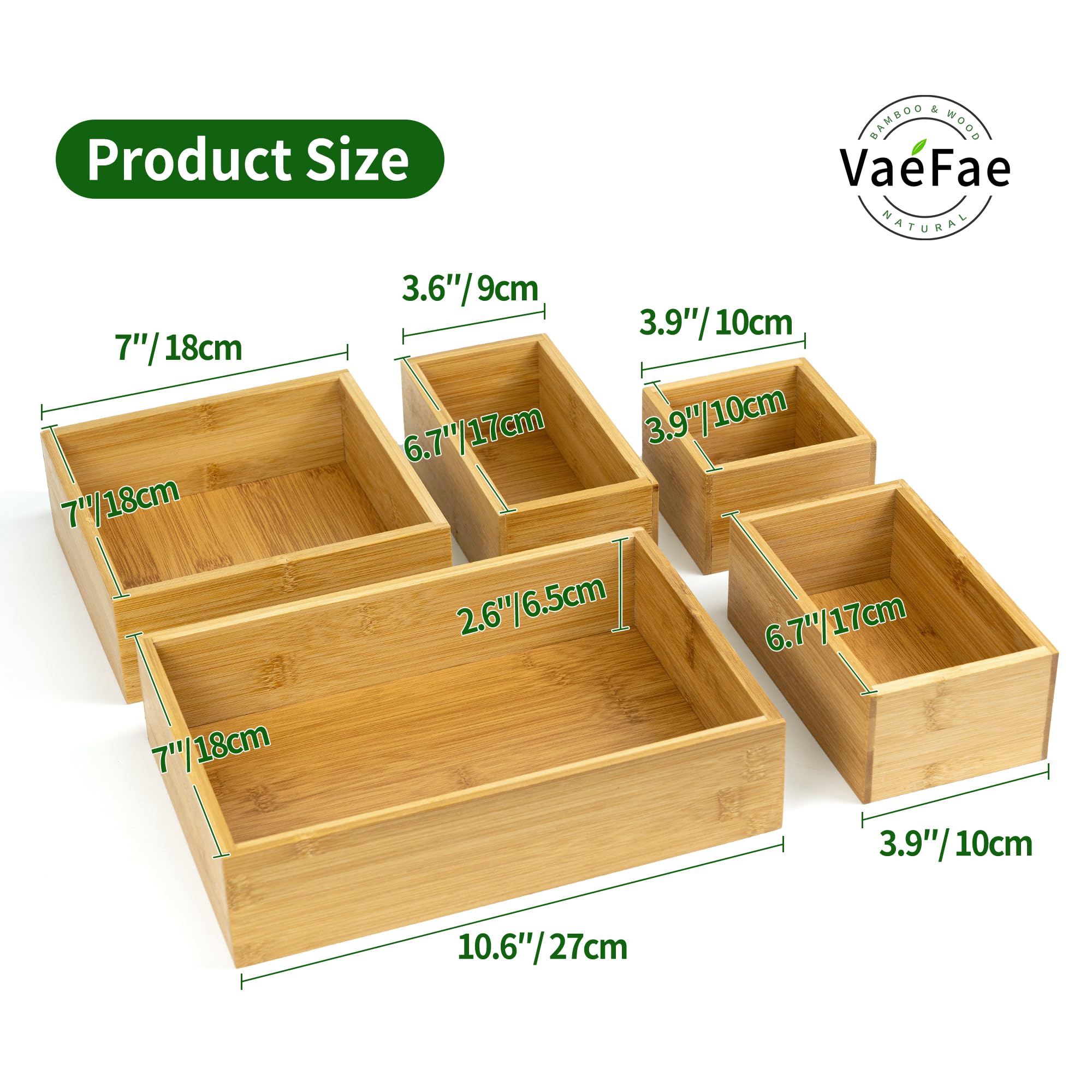 VaeFae 5 PCS Bamboo Drawer Organizers Set, 5-size Wooden Organizer Box, Storage Bins for Kitchen, Bathroom, Office, Bedroom and Living Room