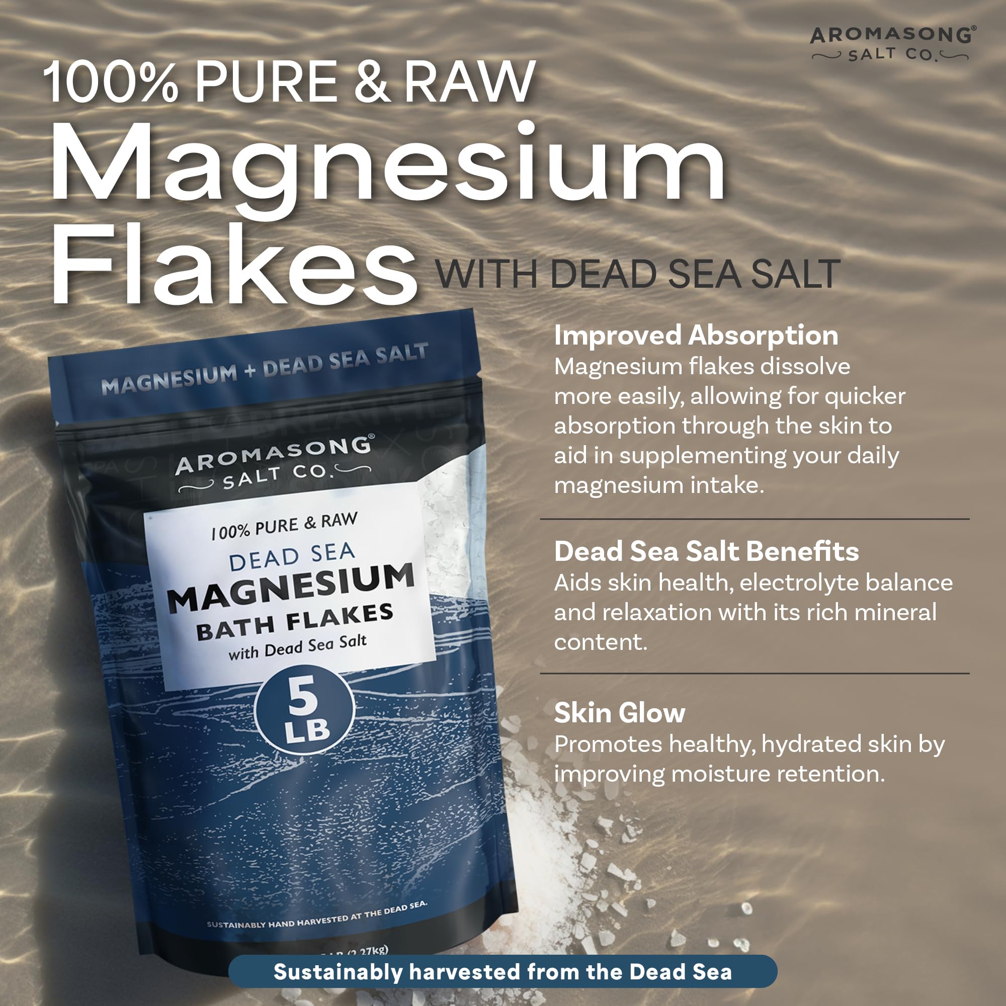 Aromasong Raw Magnesium Flakes for Bath + Dead Sea Salt for Soaking - 5 Lb Resealable Pack Magnesium Chloride Flakes - Organic Bath Salt Relaxing Mineral Soak (Packaging May Vary)