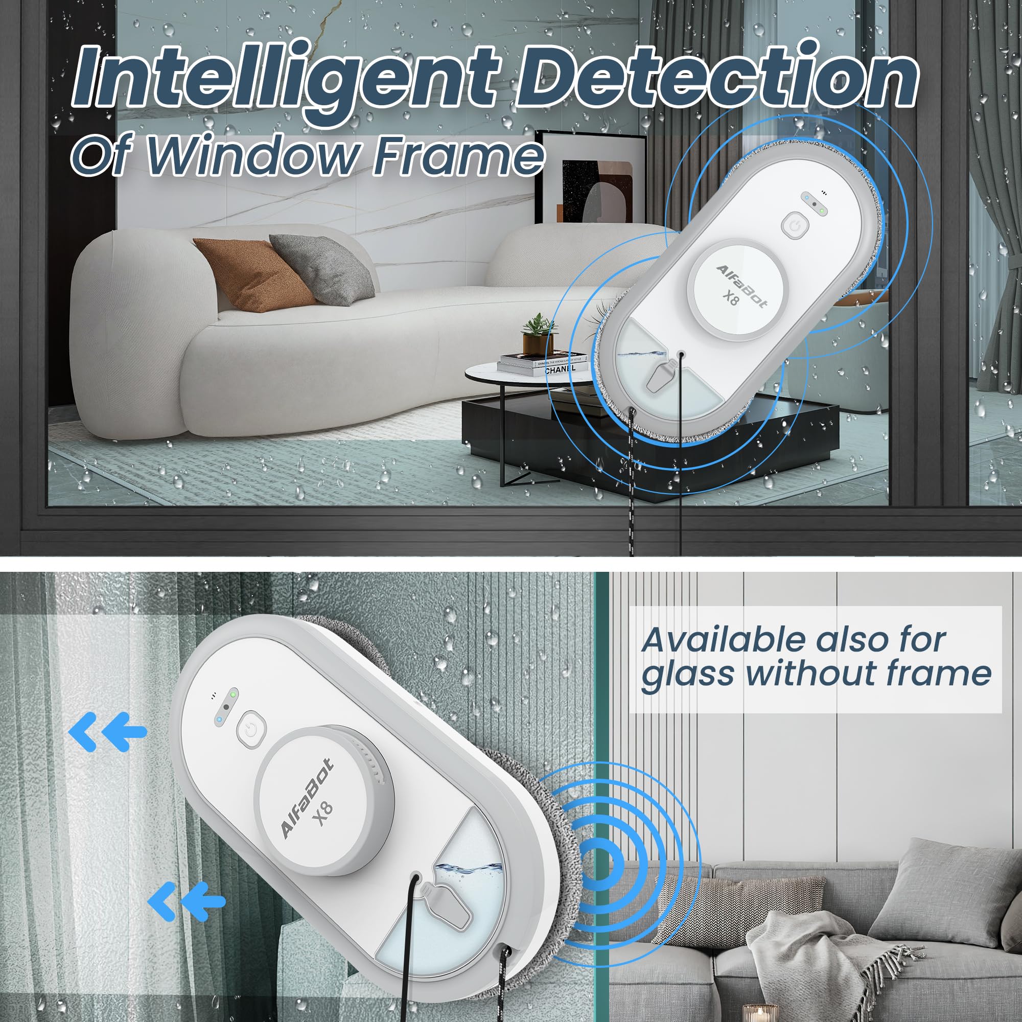 AlfaBot Window Cleaning Robot with Dual Water Spray, X8 Robot Window Cleaner with Double-Side Water Spray and Voice Assitant, Smart Window Vacuum for Interior/Exterior Highrise Windows