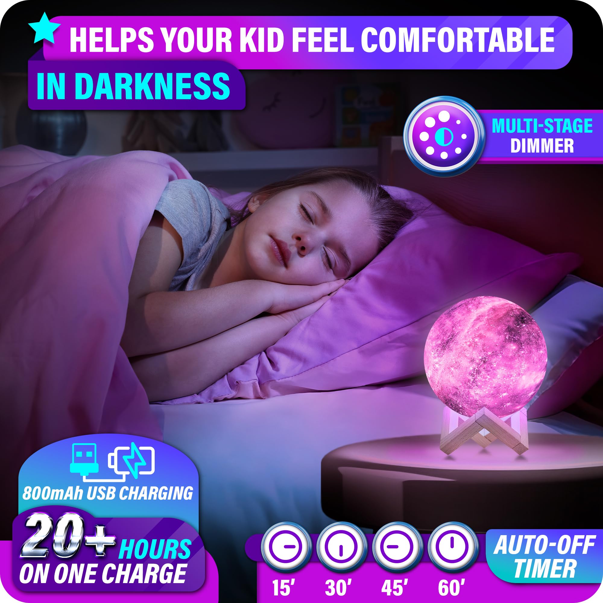 Mind-Glowing Galaxy Moon Lamp with 16 Colors, Touch/Remote, Wood Stand - Teen Girls Gift Trendy Stuff - Christmas Gift for 6 7 8 9 10 11 12 Year Old Teenage Girl - Cool Night Light for Kids (4.7 inch)
