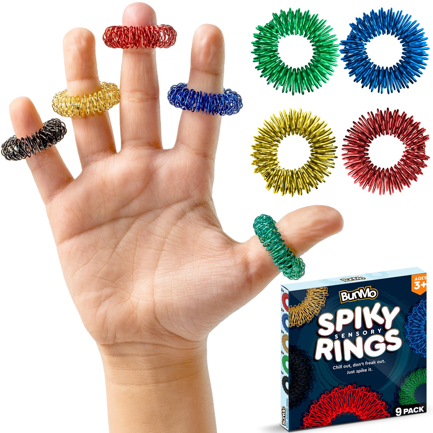 BunMo Spiky Sensory Rings 9pk – Acupressure Rings - Fidget Ring for Adults – Sensory Stimulation & Finger Comfort – Durable & Portable - Spiky Fidget Ring - Stocking Stuffers for Teen Boys